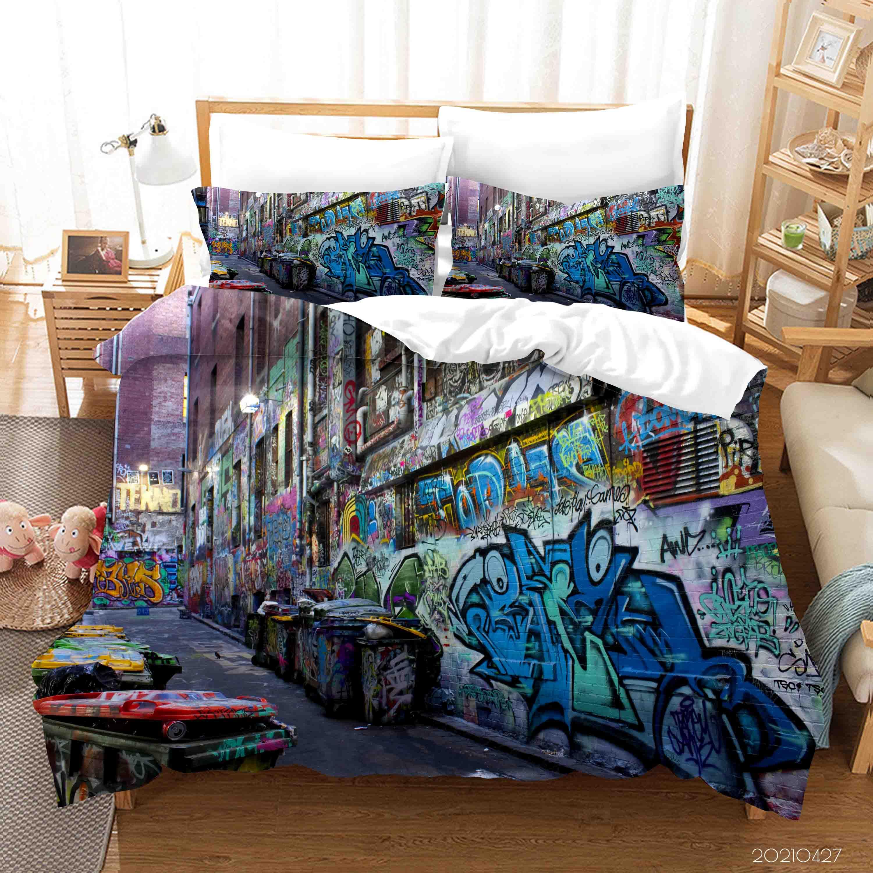 3D Abstract Colored Street Graffiti Quilt Cover Set Bedding Set Duvet Cover Pillowcases 133- Jess Art Decoration