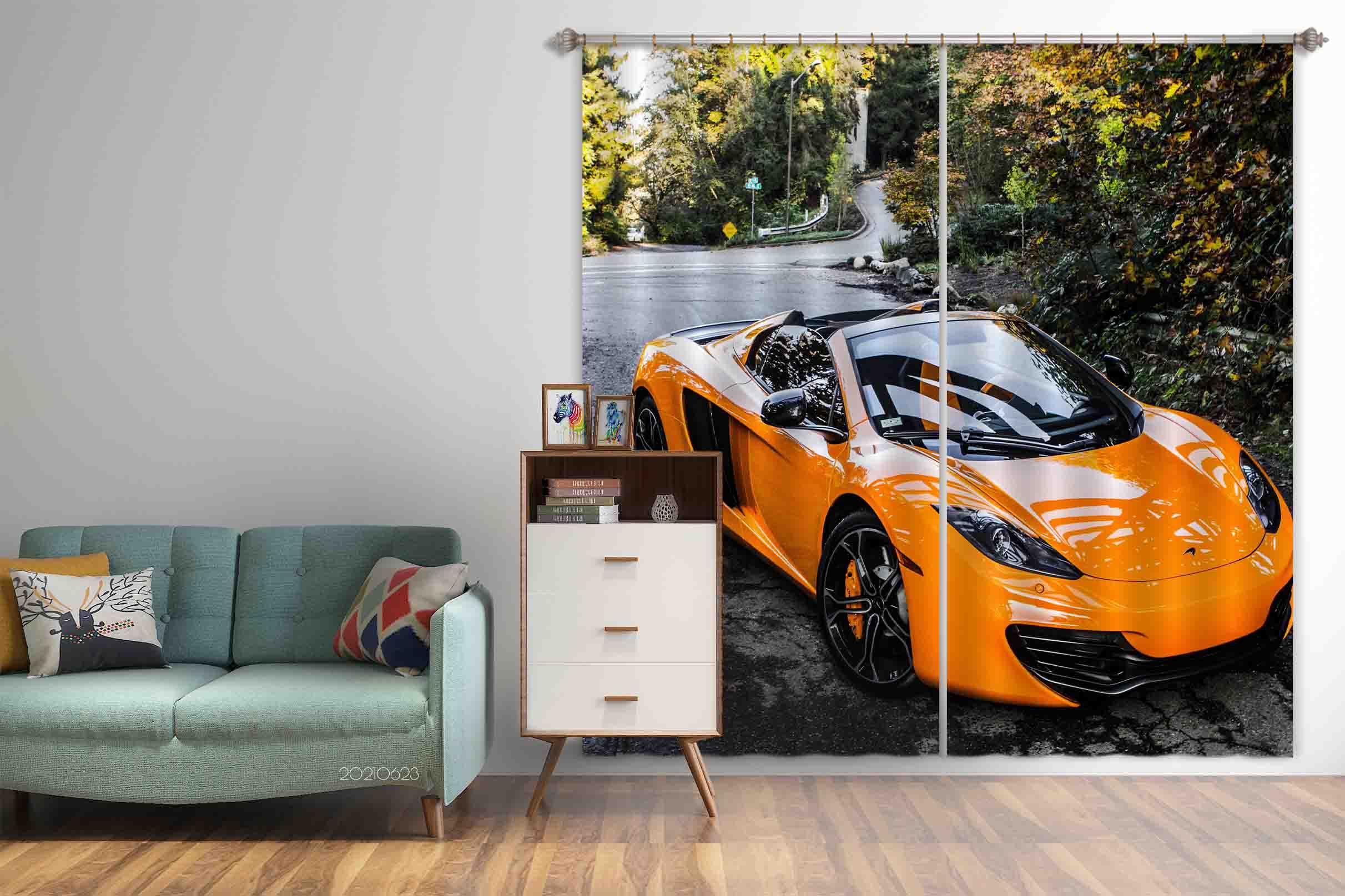 3D Yellow Sports Car Curtains and Drapes LQH 3- Jess Art Decoration