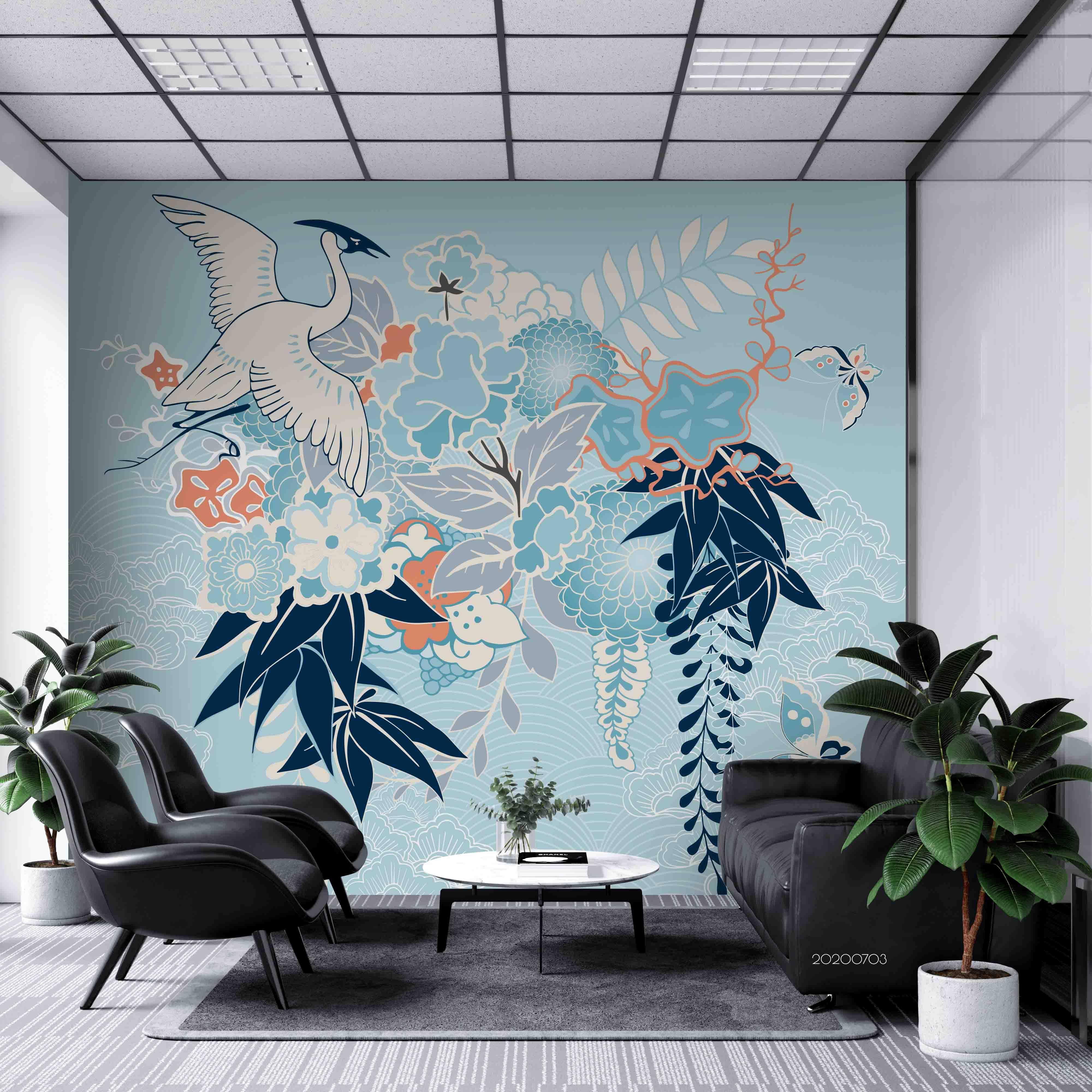 3D Blue Floral Crane Wall Mural Wallpaper SF55- Jess Art Decoration