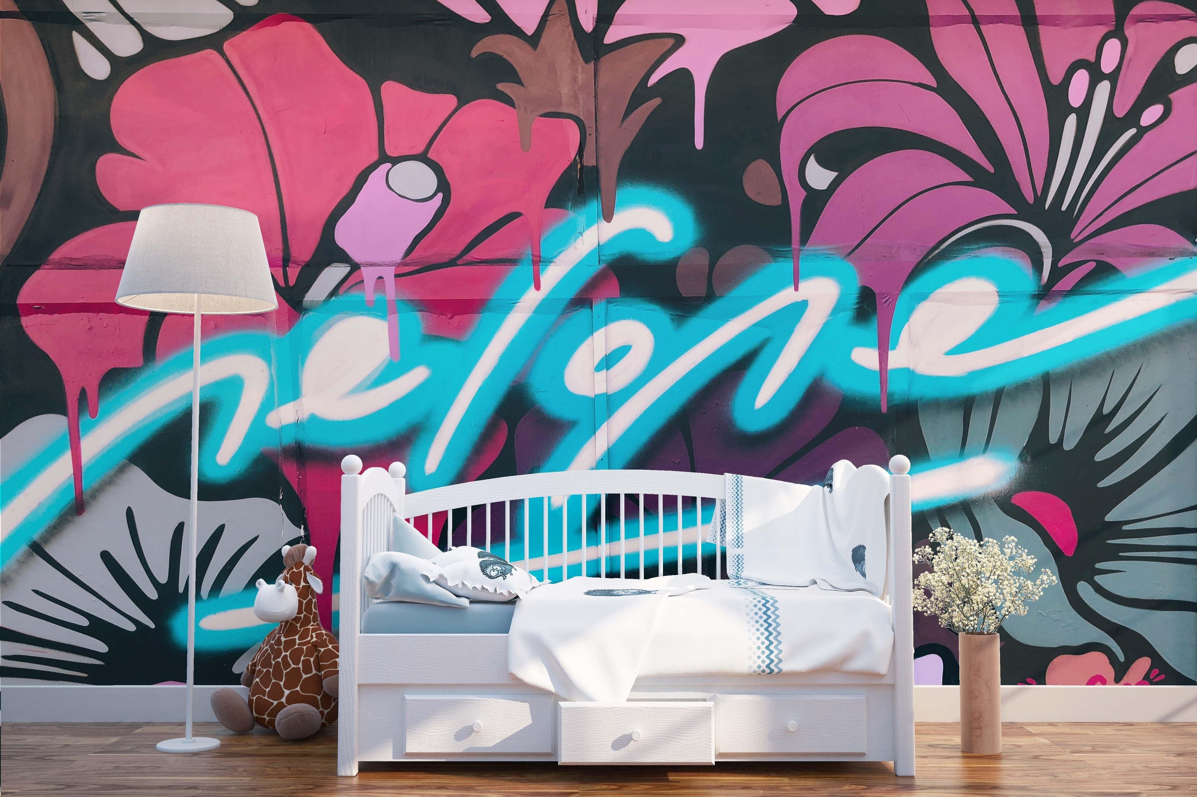 3D Dark Floral Blue Slogan Graffiti Wall Mural Wallpaper 227- Jess Art Decoration