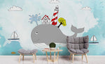 3D Cartoon Shark Lighthouse Wall Mural Wallpaper SF90- Jess Art Decoration