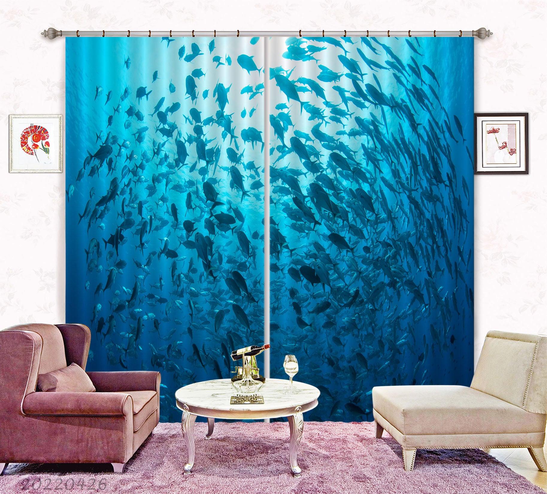 3D Ocean Blue Fish Swarm Sunbeam Curtains and Drapes GD 4875- Jess Art Decoration