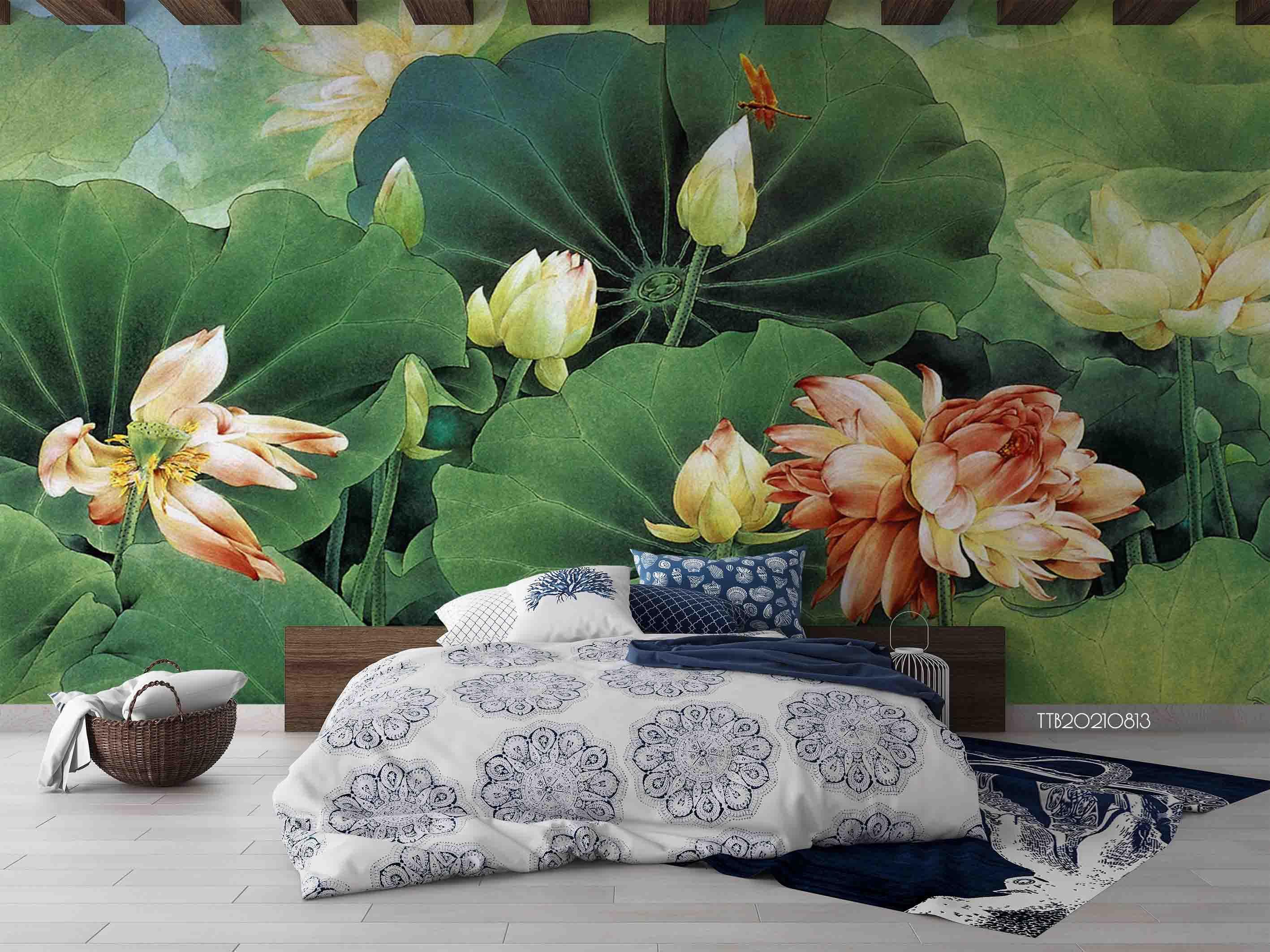 3D Hand-painted Floral Lotus Pond Wall Mural Wallpaper 5086- Jess Art Decoration