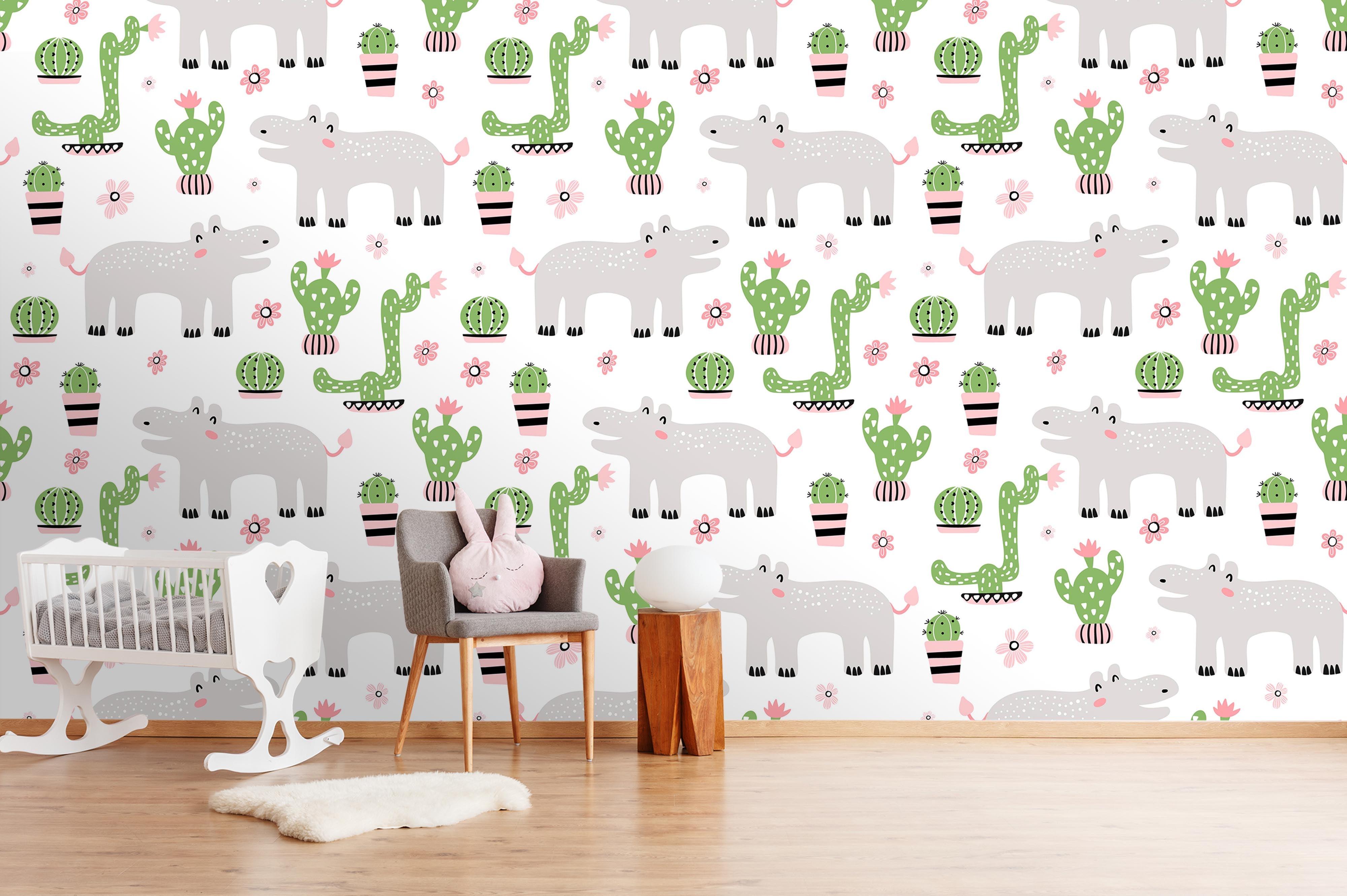 3D cartoon hippo green cactus wall mural wallpaper 26- Jess Art Decoration