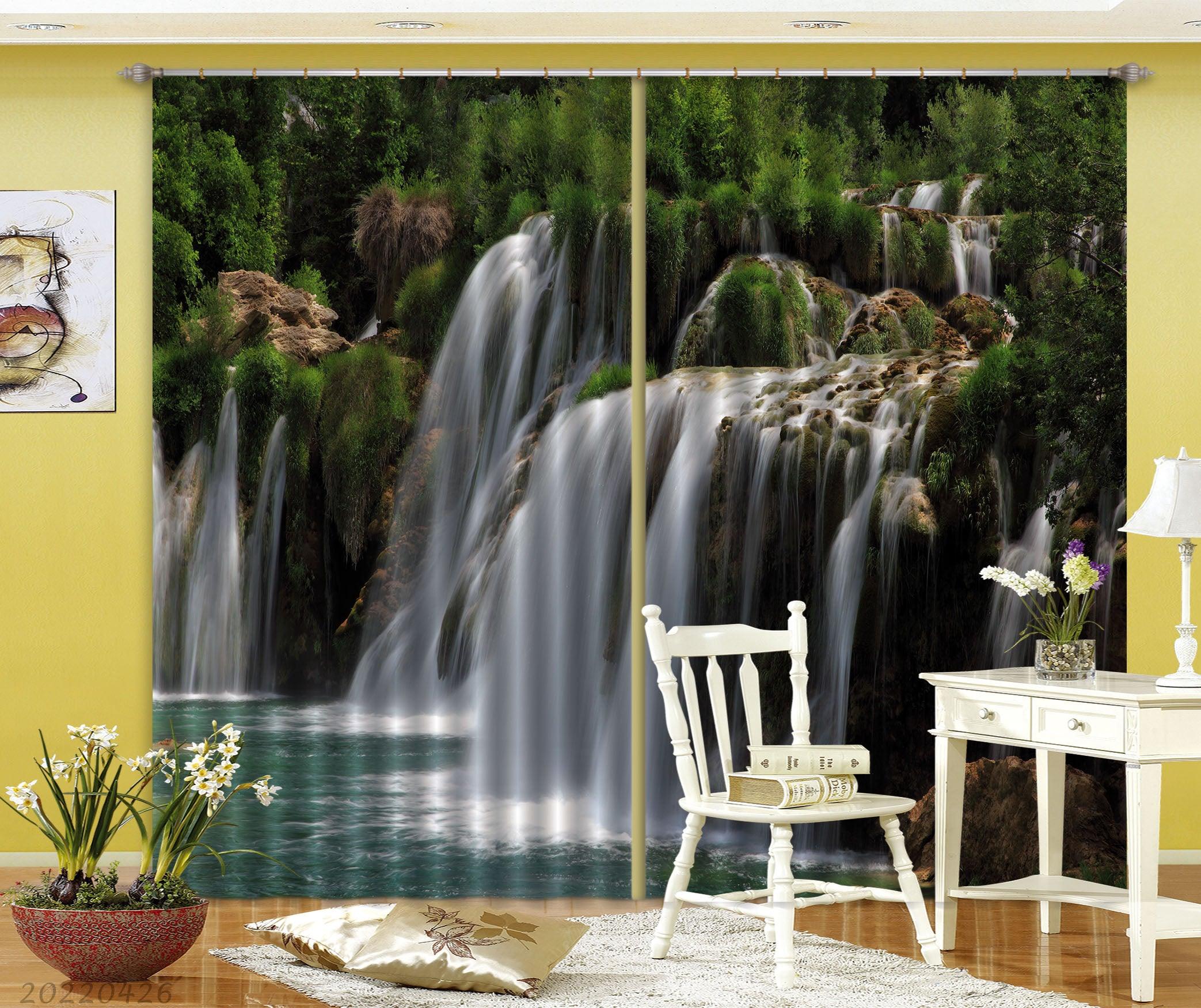 3D Landscape Mountain Waterfall Green Tree River Curtains and Drapes GD 4838- Jess Art Decoration