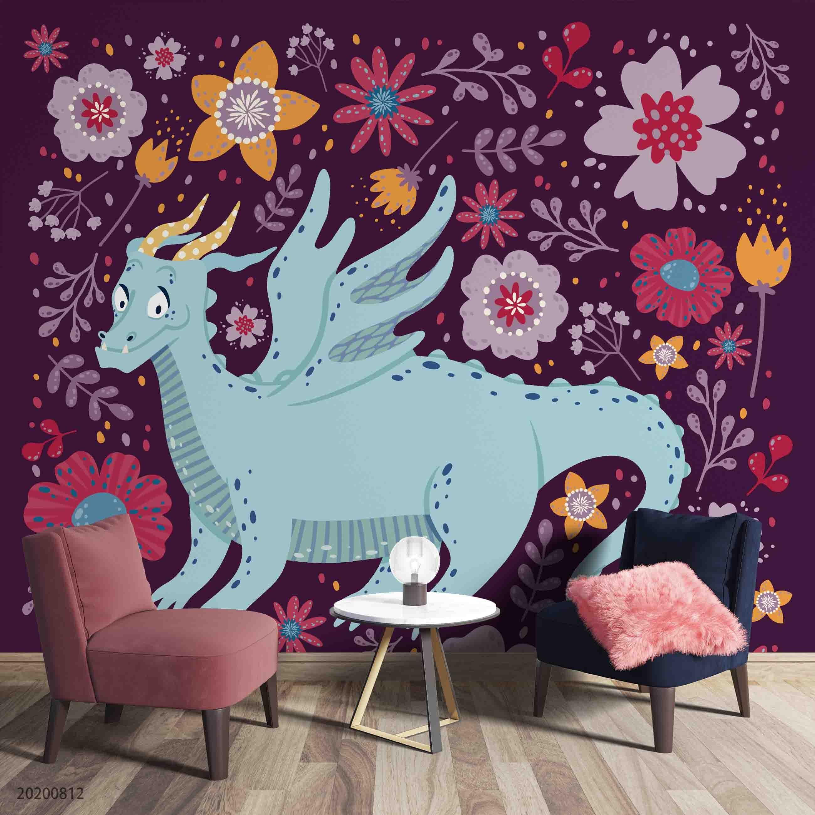 3D Hand Sketching Colorful Floral Blue Giant Dragon Wall Mural Wallpaper LXL 1095- Jess Art Decoration
