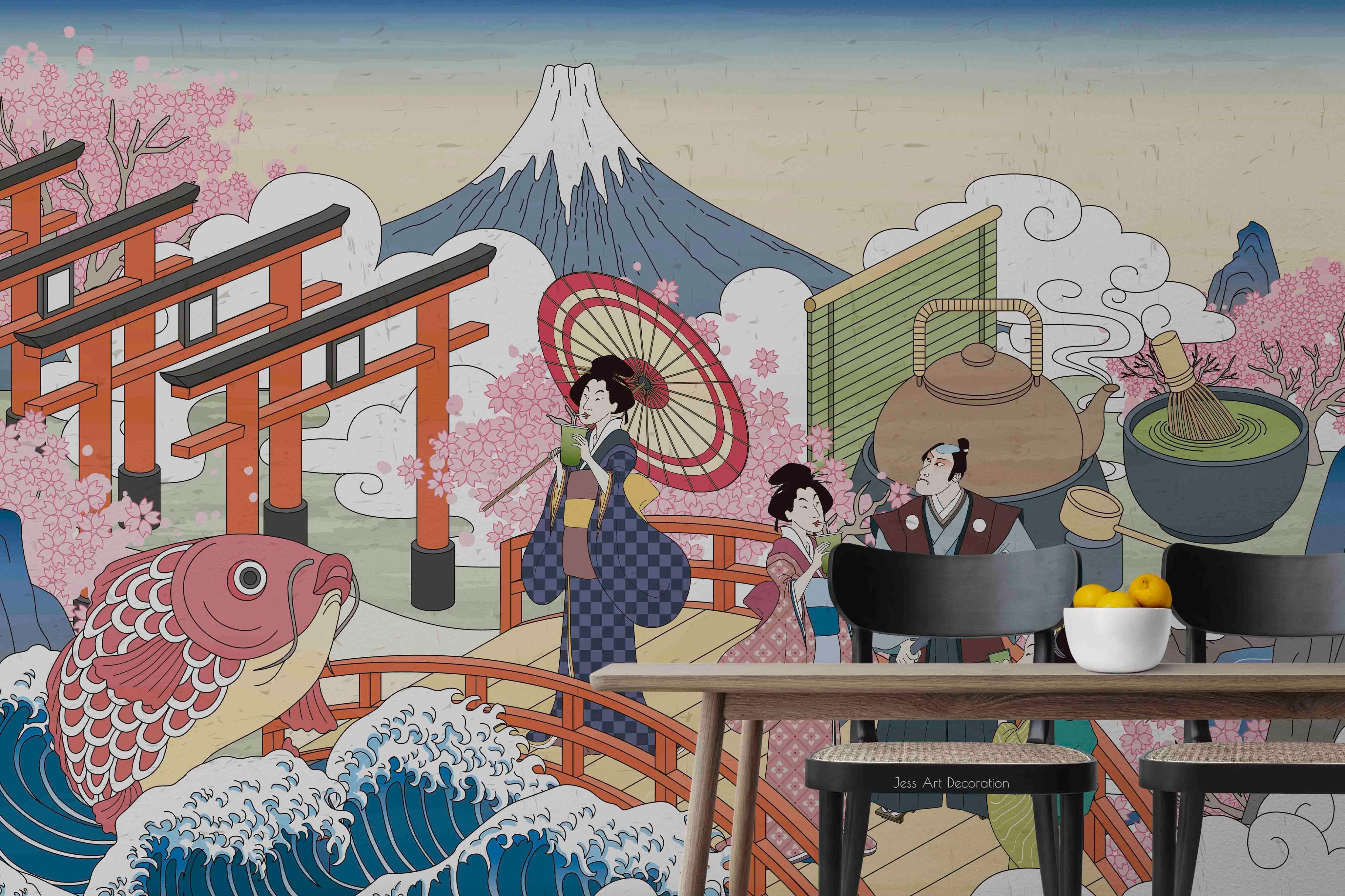 3D Japanese Sakura Travel Japanese sakura travel illustration wall mural wallpaper for bedroom - view 3