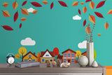 3D blue cartoon house trees leaves wall mural wallpaper 19- Jess Art Decoration