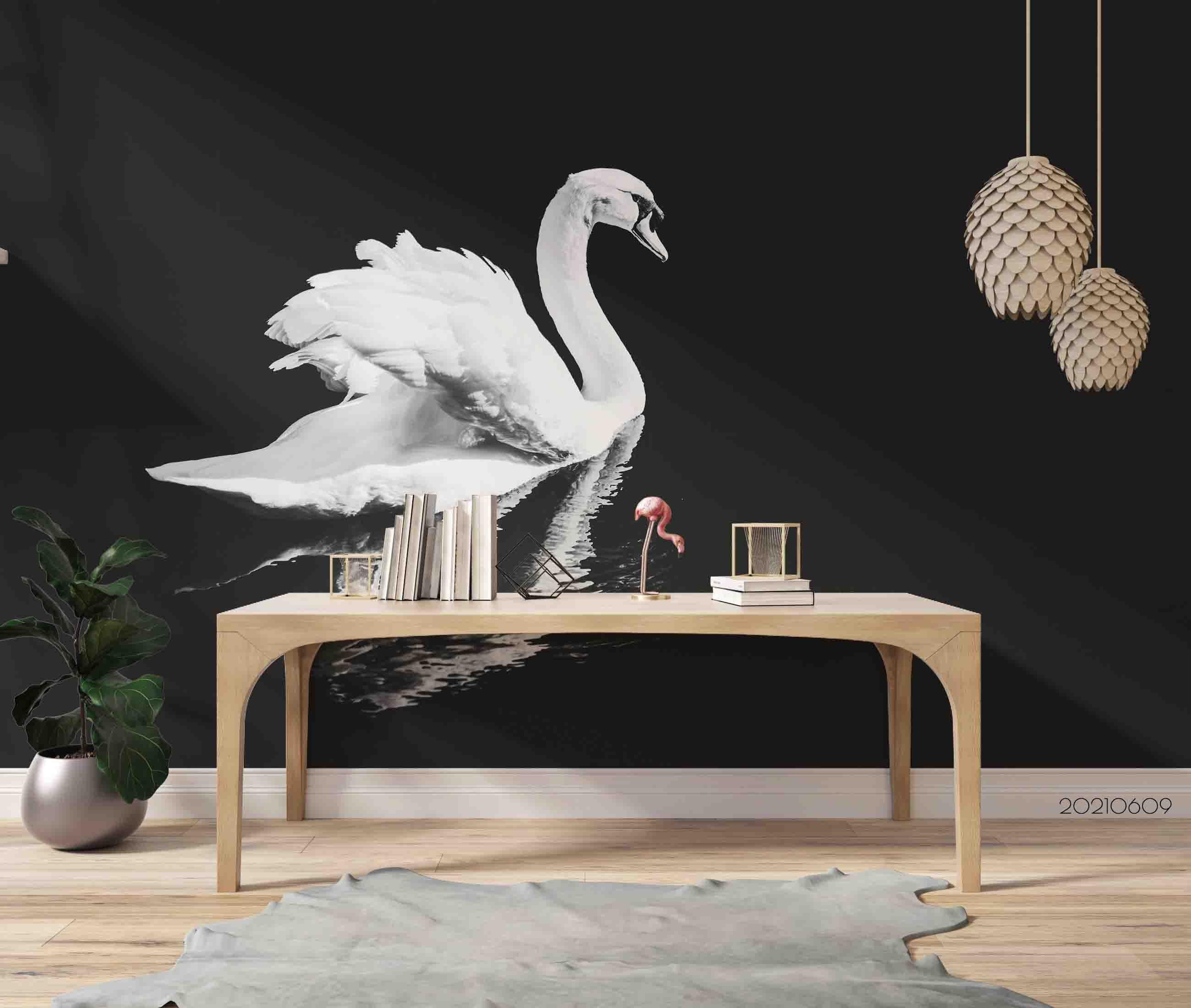 3D White Swan Black Background Wall Mural Wallpaper SWW1667- Jess Art Decoration