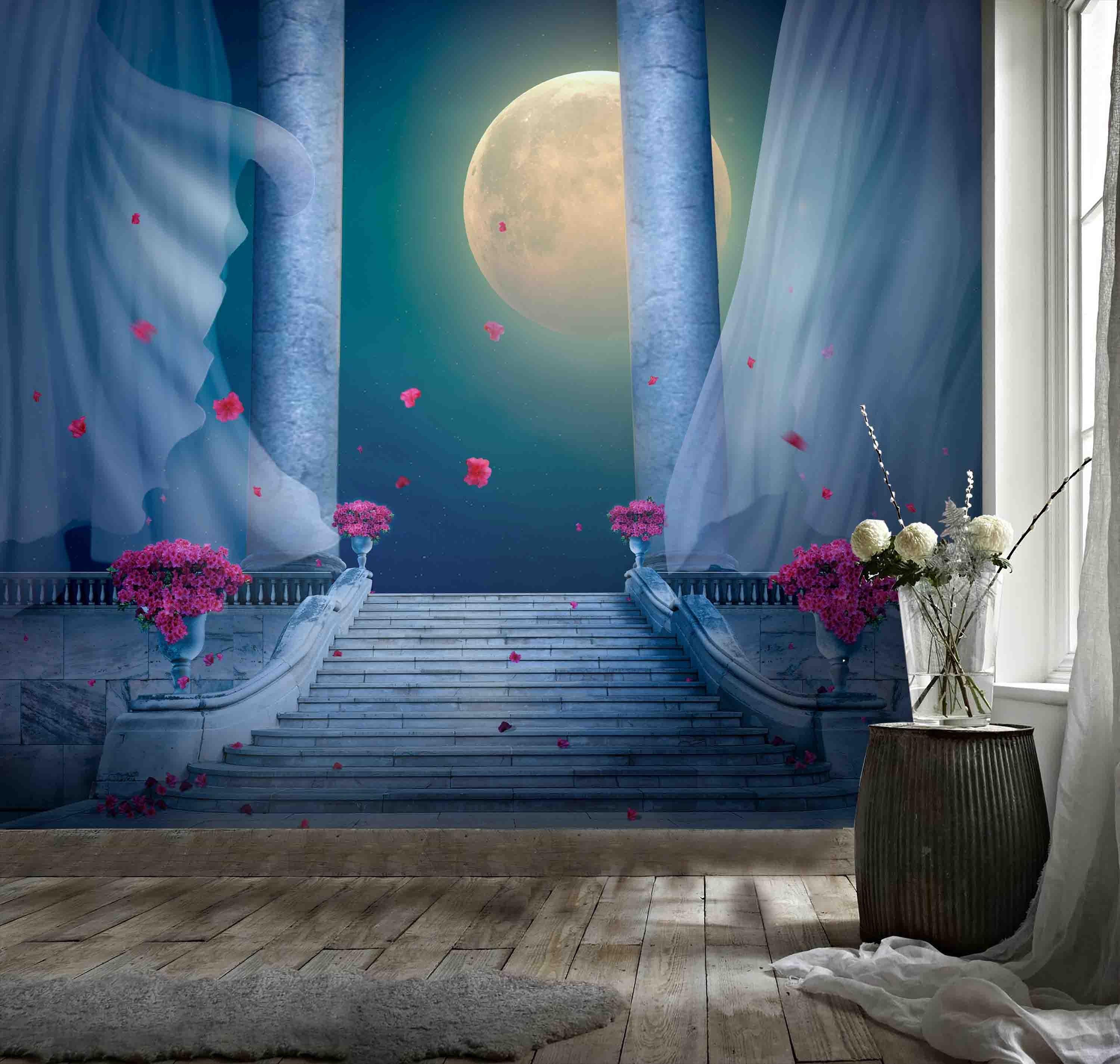3D Moon Sky Flower Steps Curtain Pillar Wall Mural Wallpaper 95- Jess Art Decoration