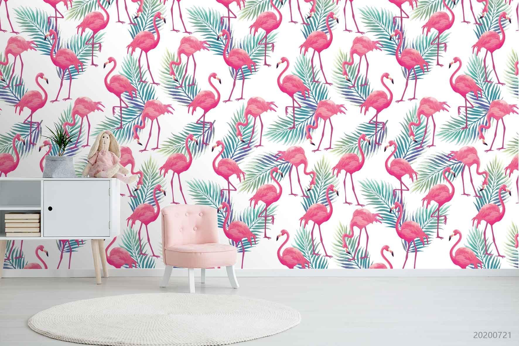 3D Watercolour Leaves Flamingo Pattern Wall Mural Wallpaper JN 1341- Jess Art Decoration