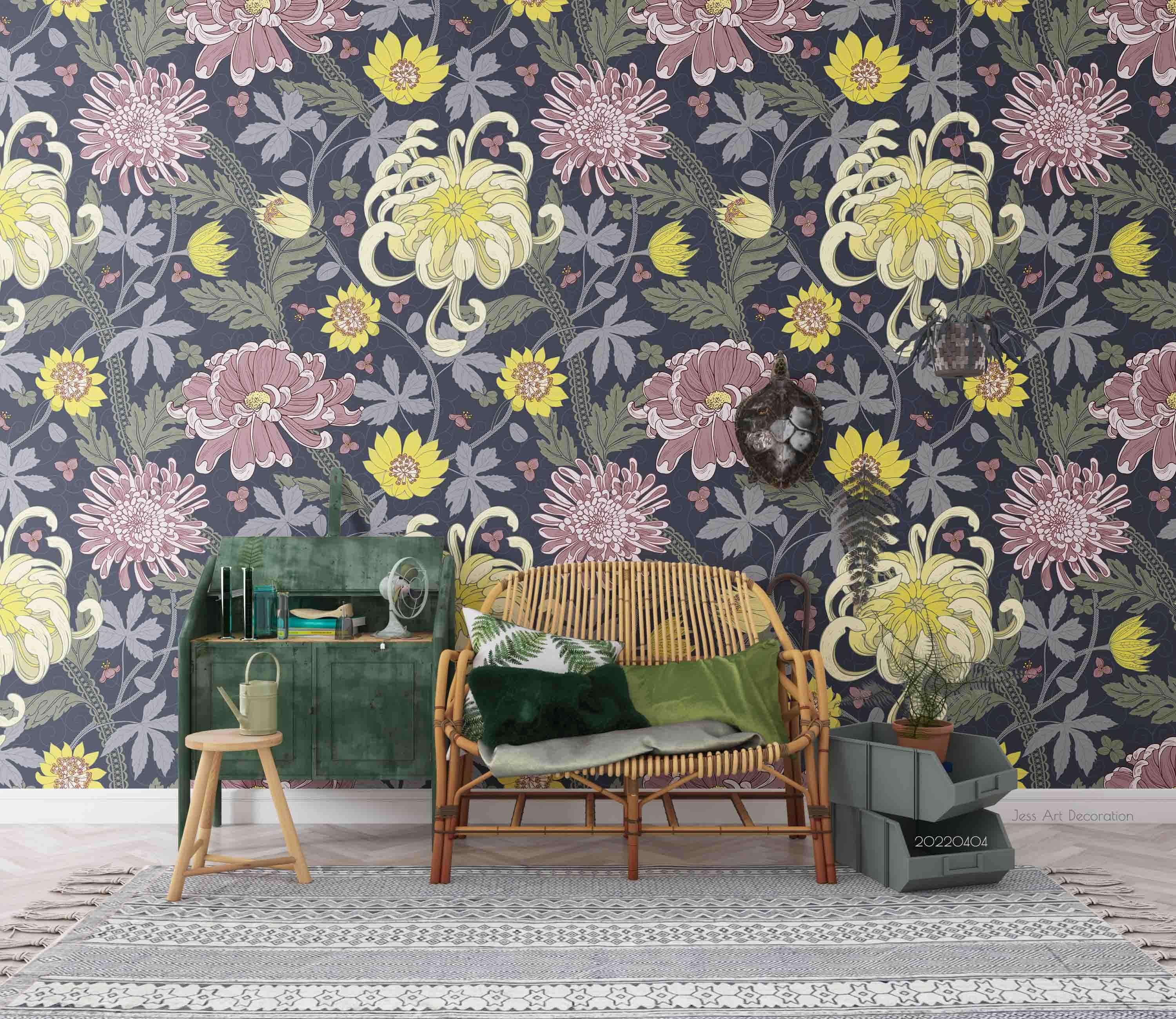 3D Vintage Chrysanthemum Plant Leaf Wall Mural Wallpaper GD 3975- Jess Art Decoration