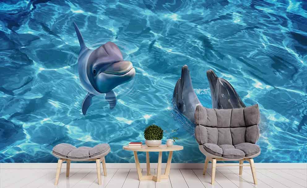 3D Blue Sea Dolphin Wall Mural Wallpaper 129- Jess Art Decoration