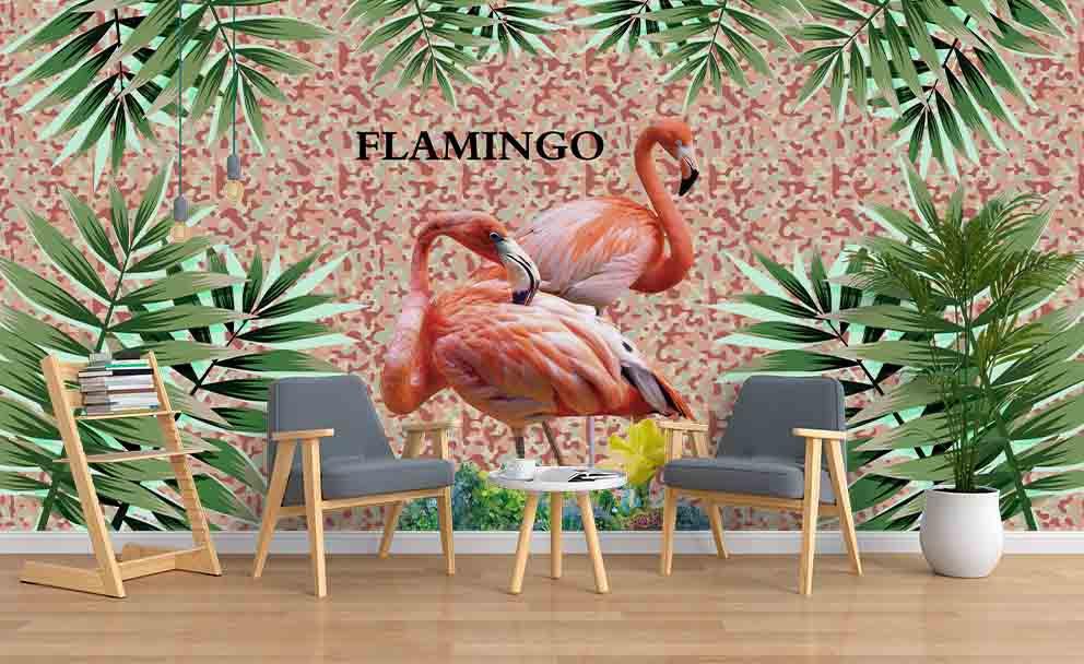 3D Pink Flamingo Green Leaves Wall Mural Wallpaper 202- Jess Art Decoration