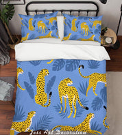 3D Cartoon Leopard Blue Leaf Quilt Cover Set Bedding Set Pillowcases 96- Jess Art Decoration