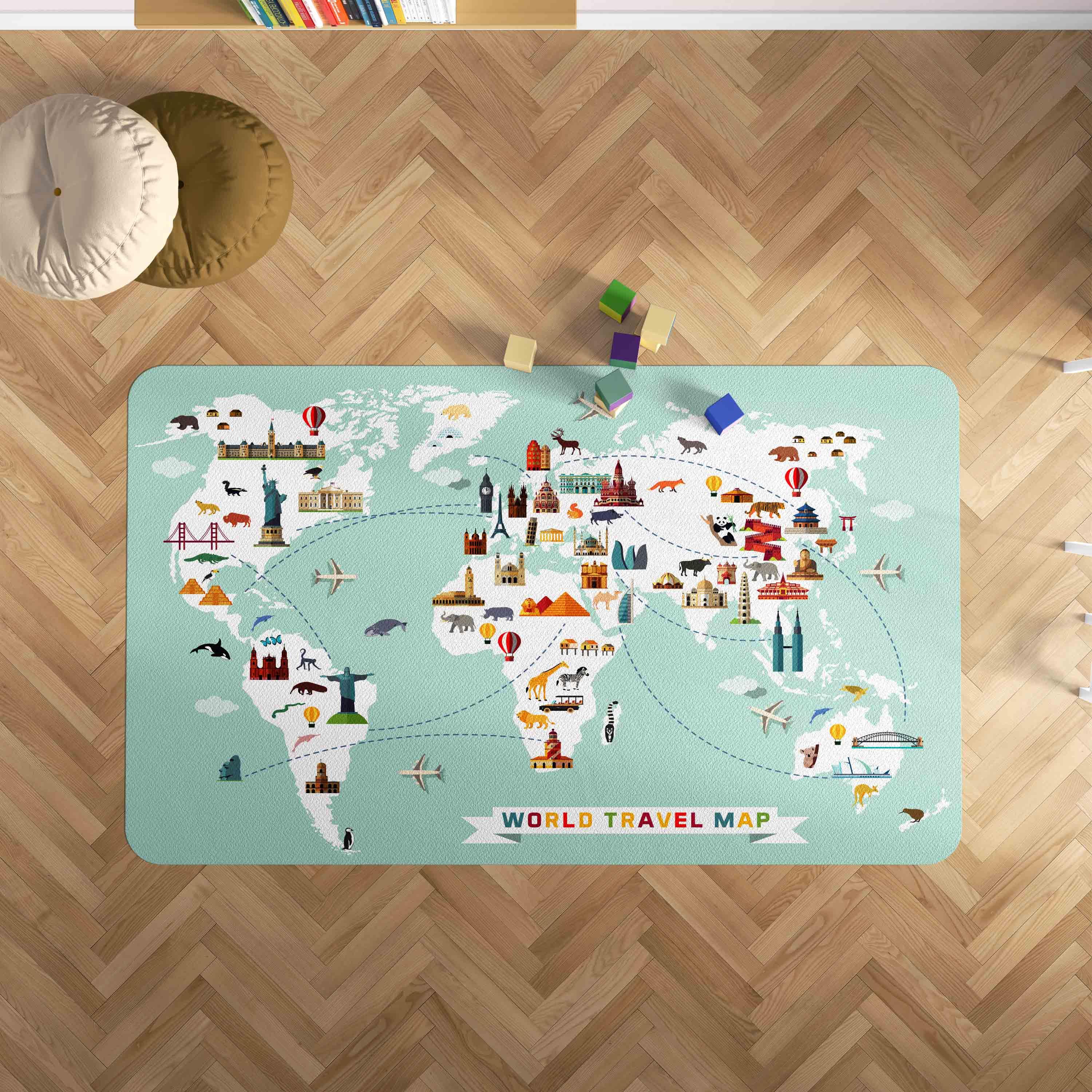 3D World Map Green Non-Slip Rug Mat 187- Jess Art Decoration