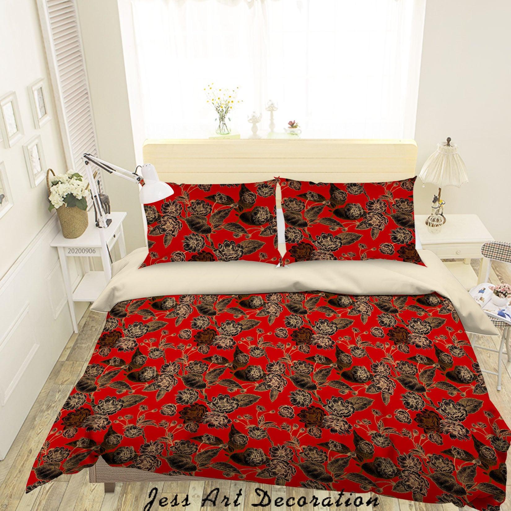 3D Vintage Leaves Red Floral Pattern Quilt Cover Set Bedding Set Duvet Cover Pillowcases WJ 3627- Jess Art Decoration