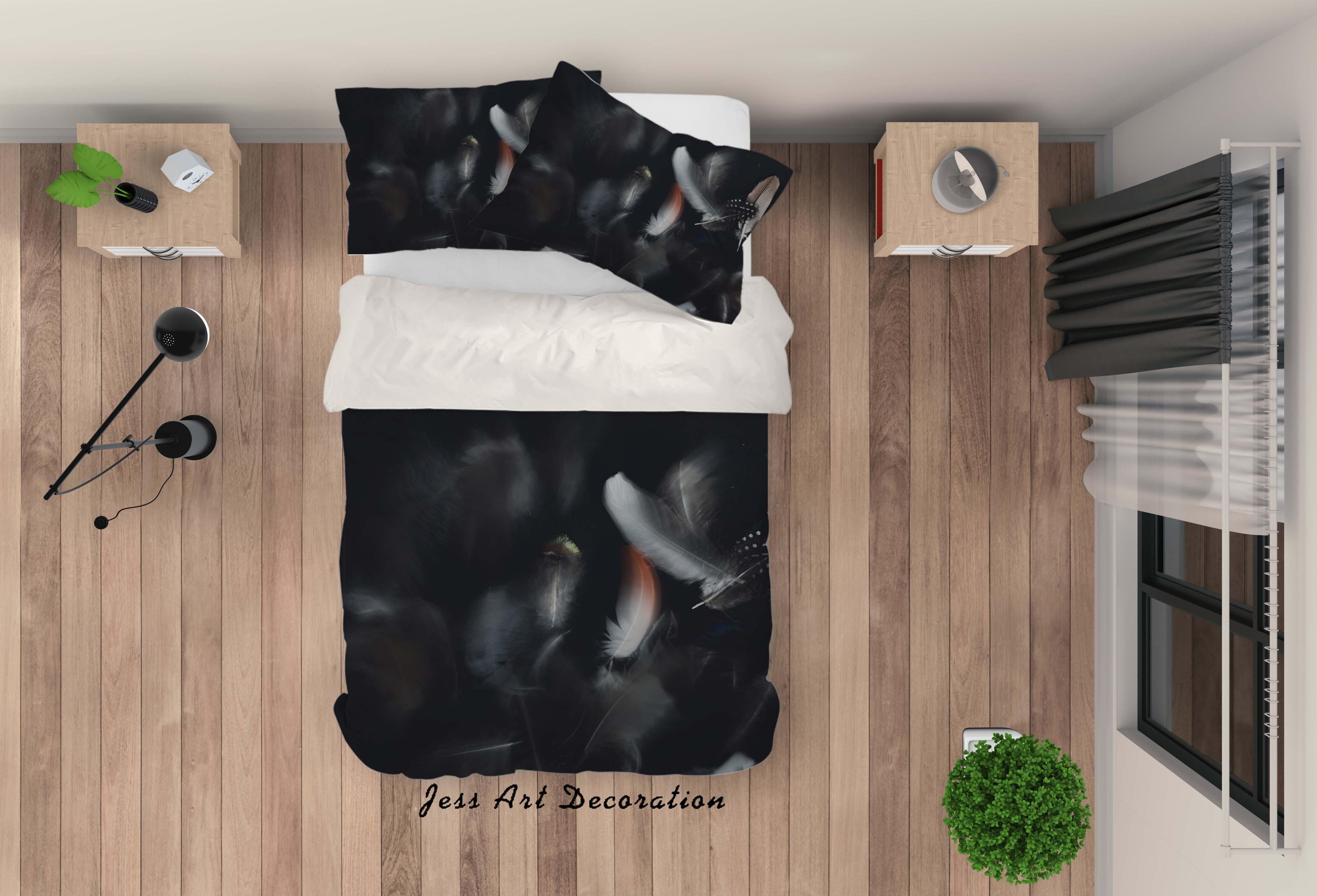 3D Watercolor Feather Black Quilt Cover Set Bedding Set Duvet Cover Pillowcases LQH A98- Jess Art Decoration