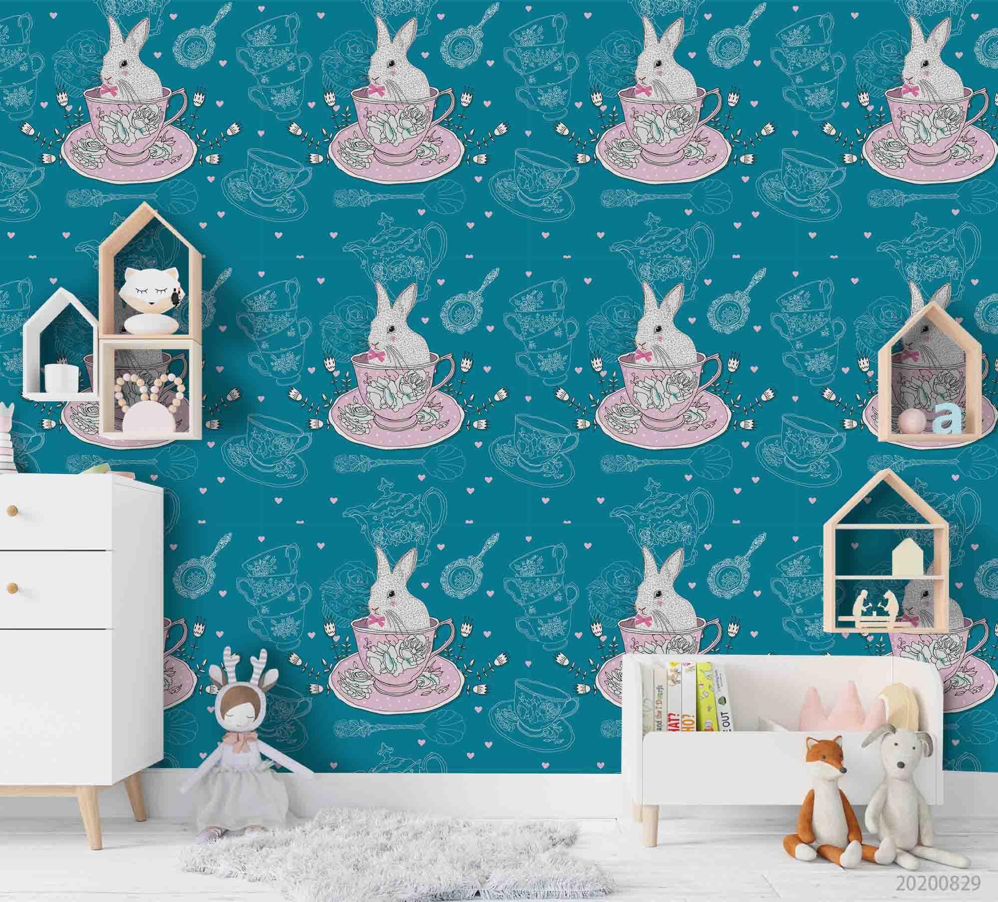 3D Vintage Floral Teapot Bunny Wall Mural Wallpaper LXL 1578- Jess Art Decoration