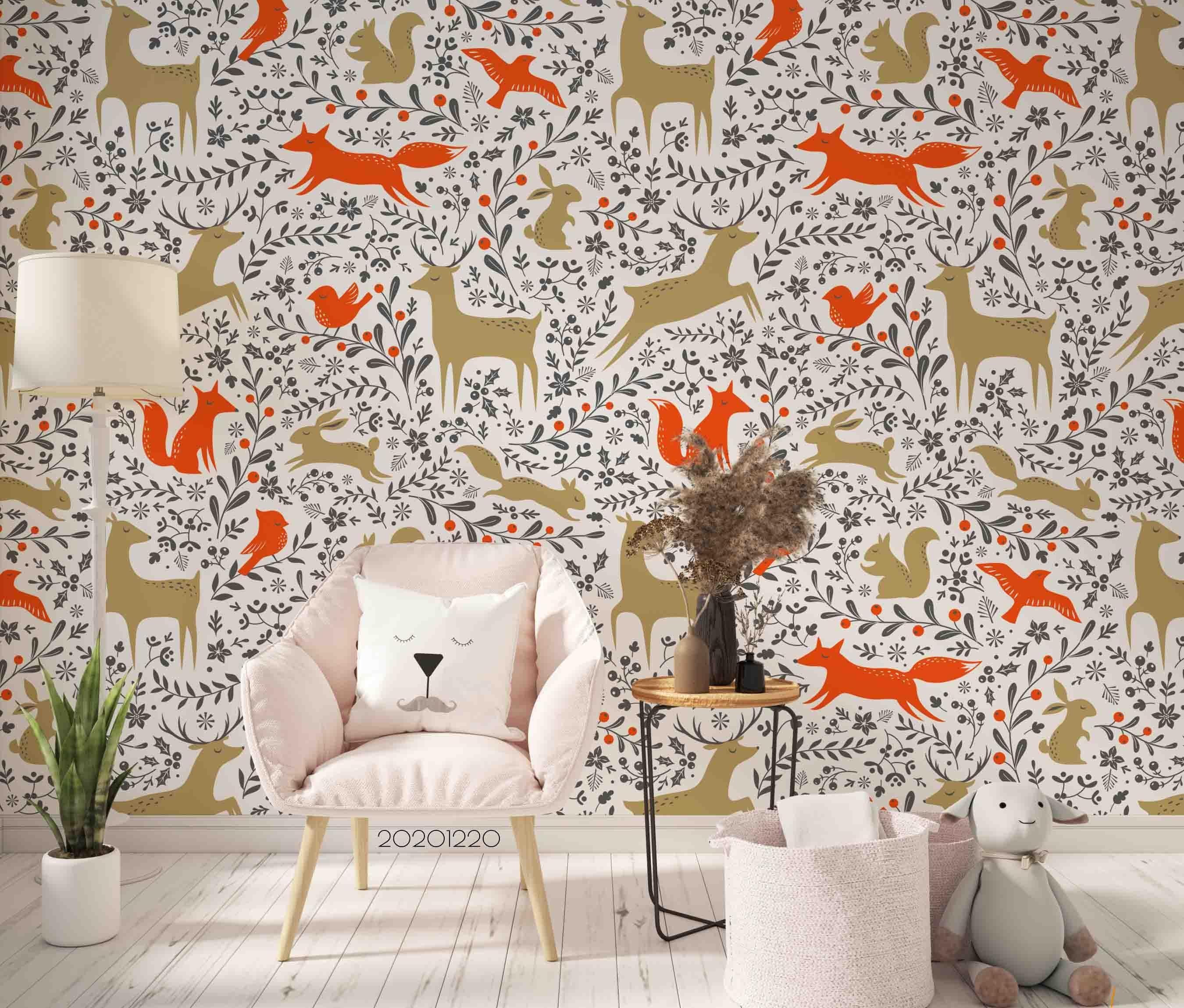 3D Hand Drawn Animal Fox Elk Leaf Wall Mural Wallpaper LQH 48- Jess Art Decoration