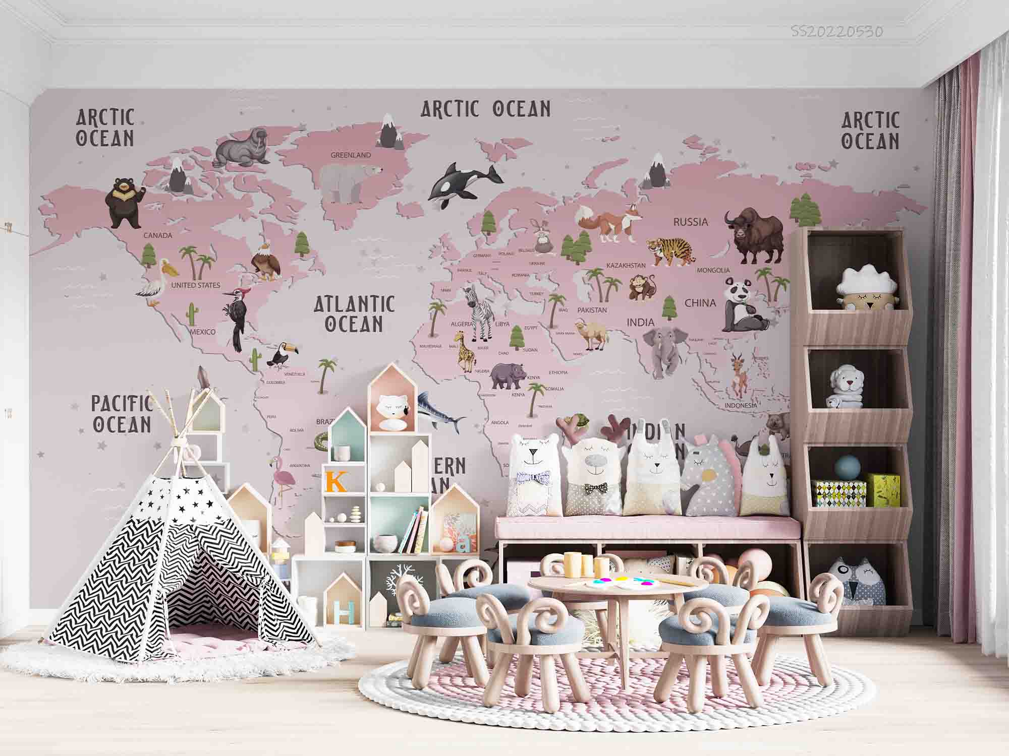 3D World Map Cartoon Animal Pink Wall Mural Wallpaper GD 42- Jess Art Decoration