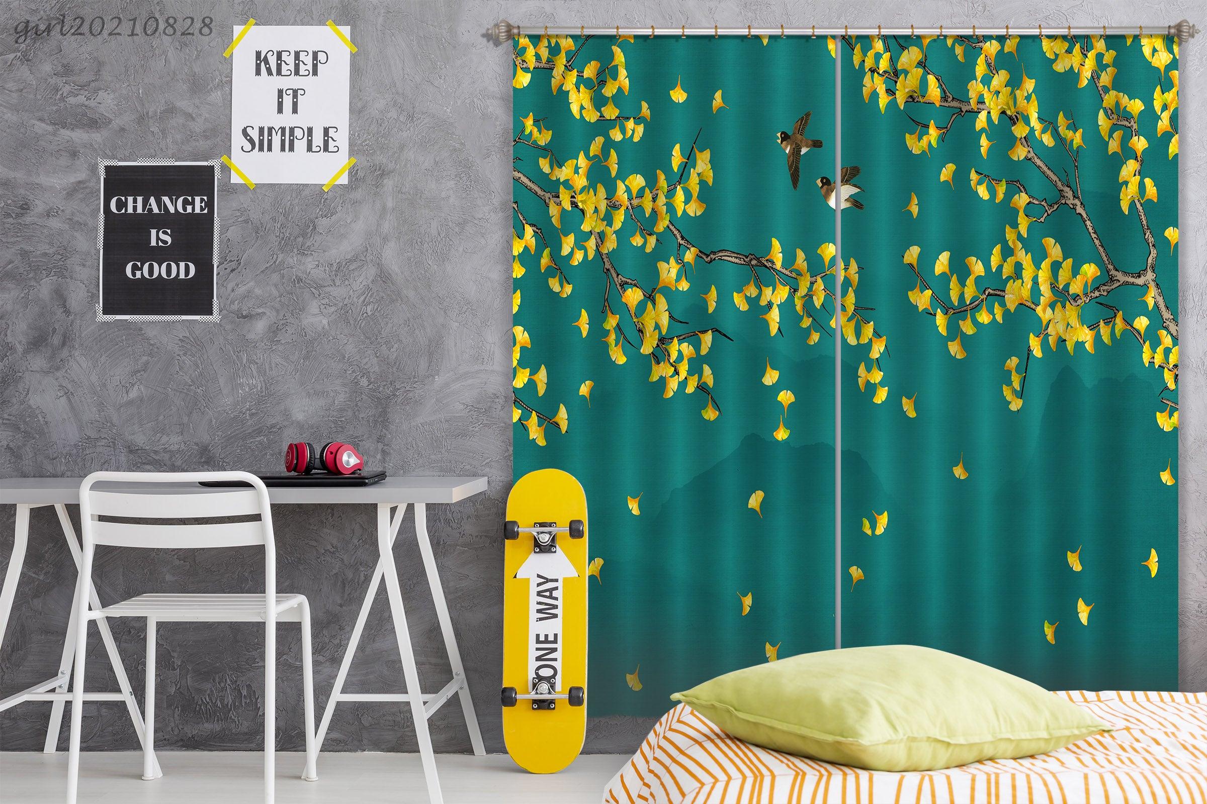 3D Yellow Leaf Tree Bird Curtains and Drapes LQH 113- Jess Art Decoration