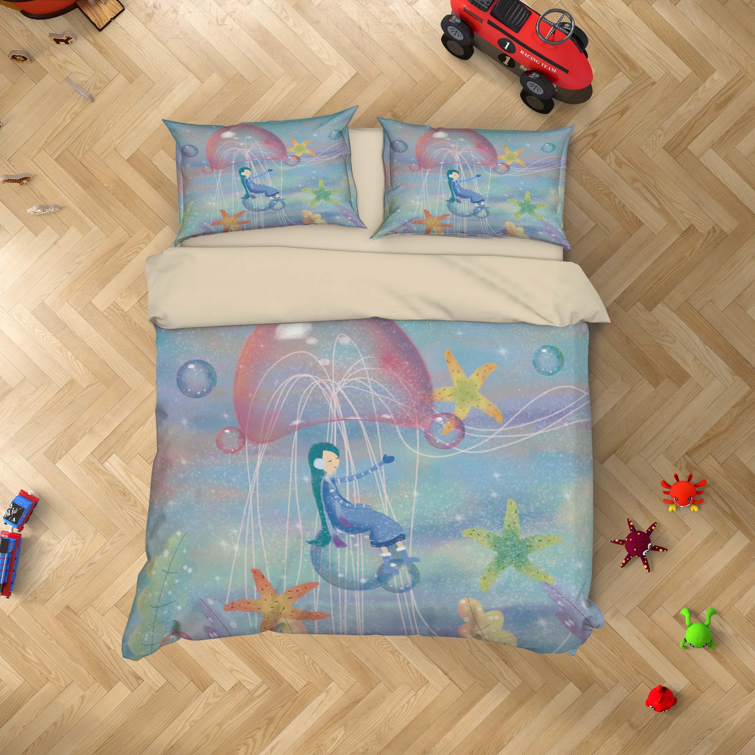 3D Jellyfish Starfish Girl Painting Quilt Cover Set Bedding Set Duvet Cover Pillowcases A500 LQH- Jess Art Decoration