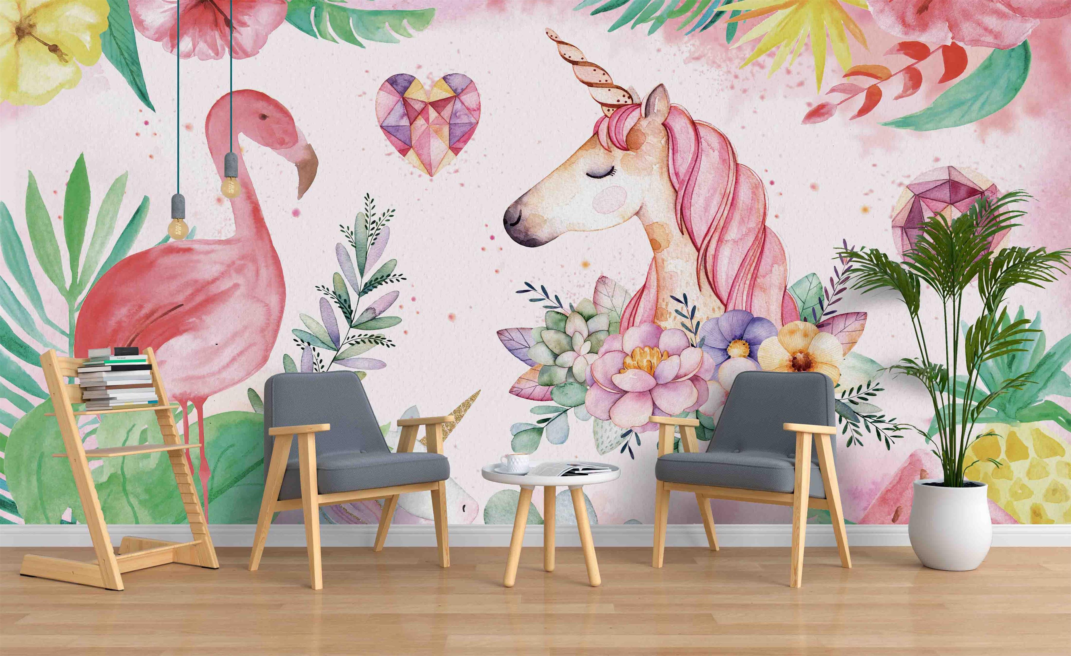 3D Pink Flamingo Unicorn Wall Mural Wallpaper 48- Jess Art Decoration