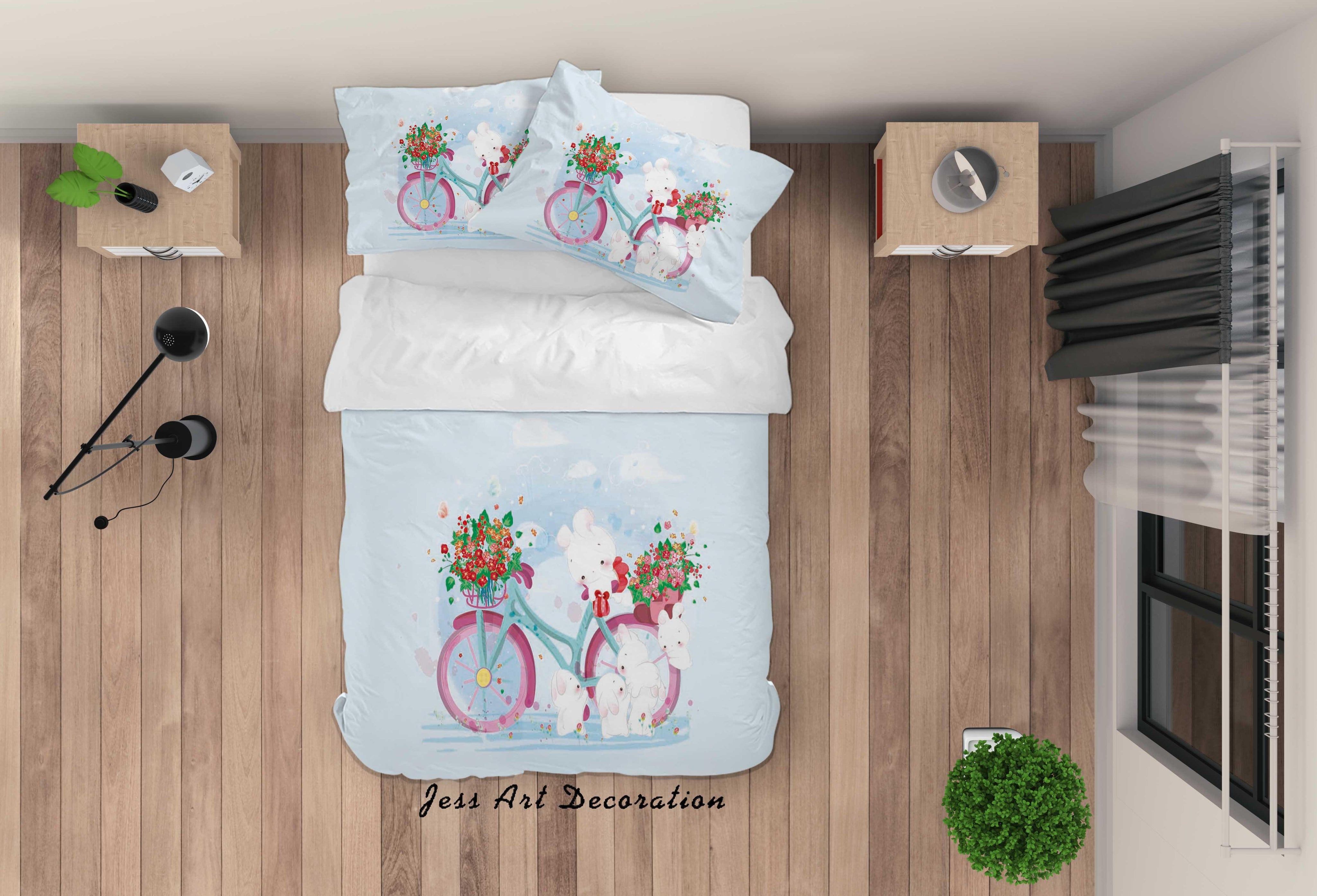 3D Blue Rabbit Floral Bicycle Quilt Cover Set Bedding Set Duvet Cover Pillowcases SF99- Jess Art Decoration