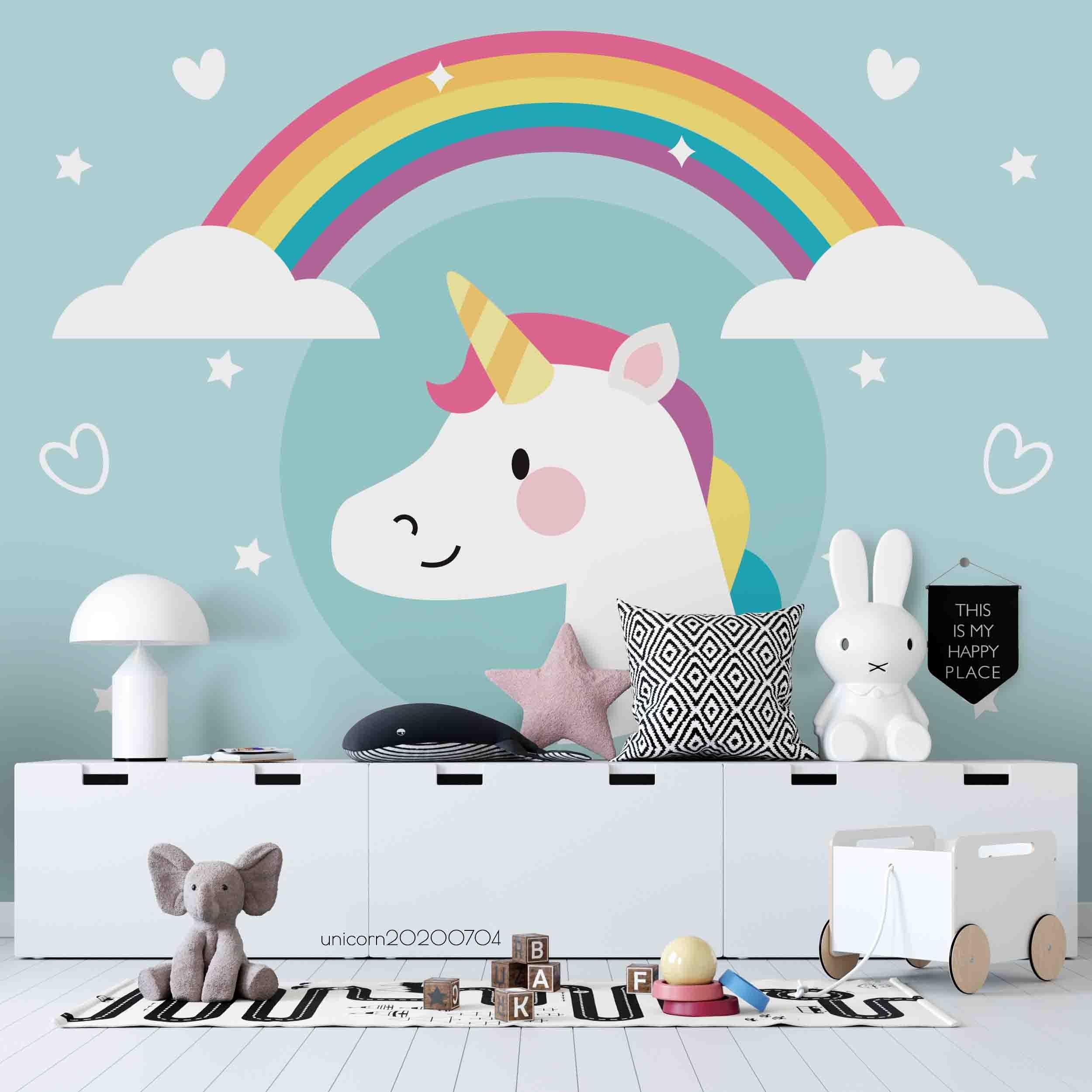3D Cartoon Unicorn Green Sky Rainbow Wall Mural Wallpaper A038 LQH- Jess Art Decoration