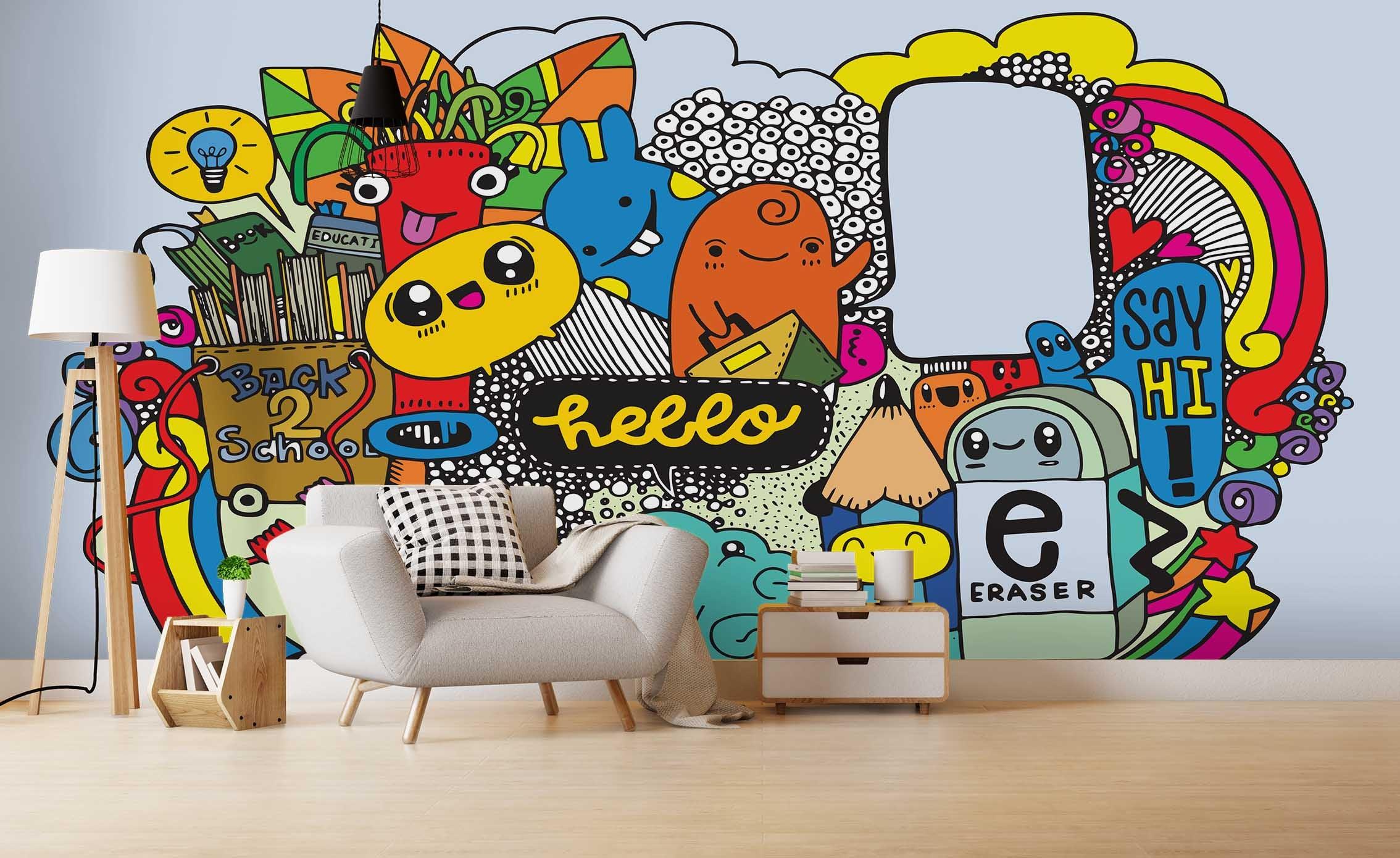 3D Cartoon Graffiti Pencil Books Wall Mural Wallpaper SF21- Jess Art Decoration