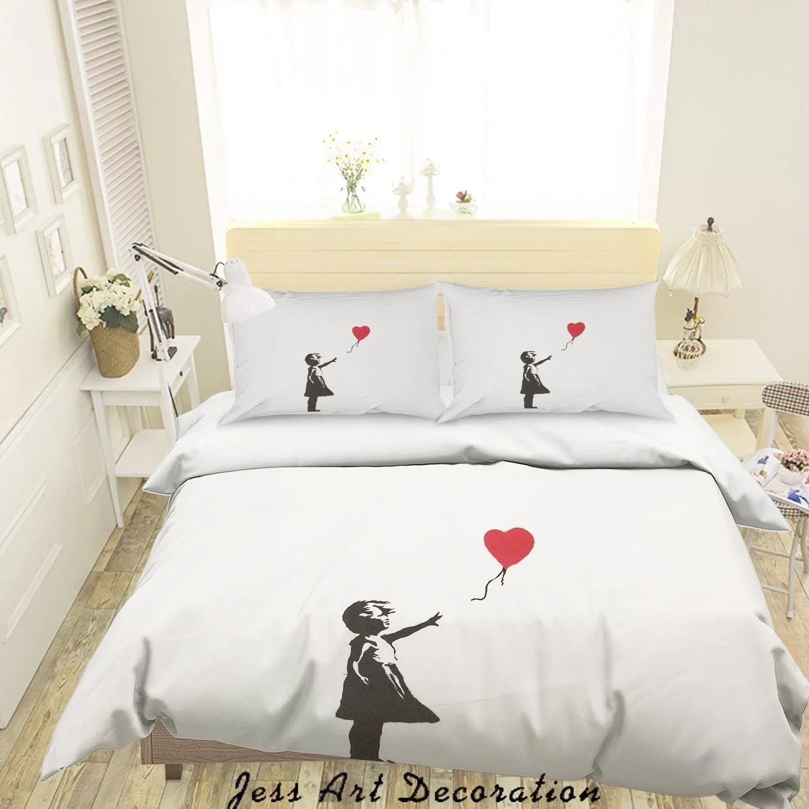 3D Fine Art Little Girl Red Heart Balloon Quilt Cover Set Bedding Set Duvet Cover Pillowcases LXL- Jess Art Decoration