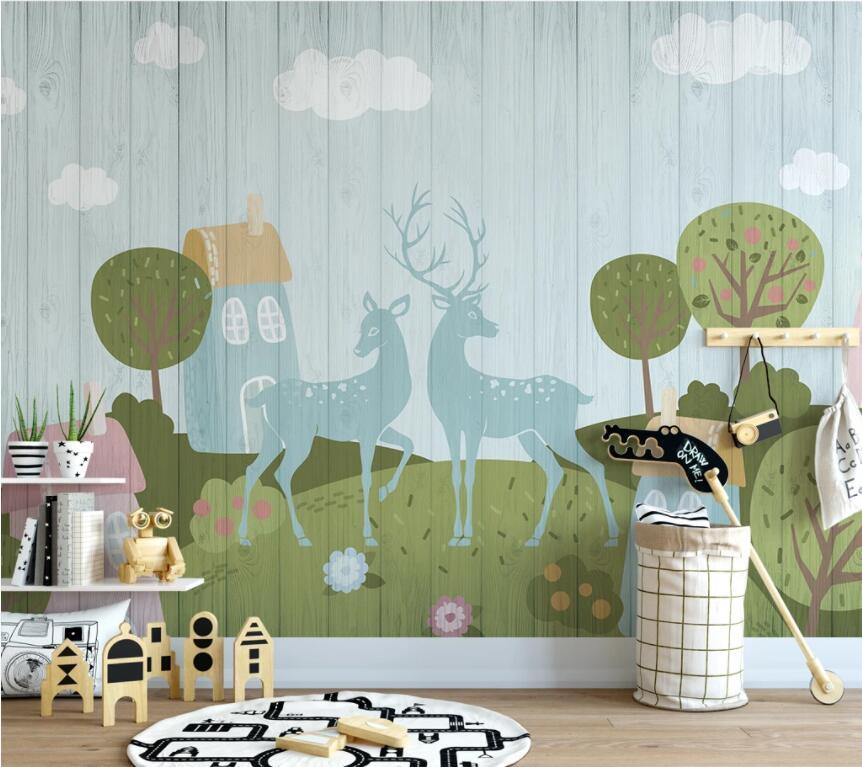 3D Board Elk House Trees Wall Mural Wallpaper 1649- Jess Art Decoration