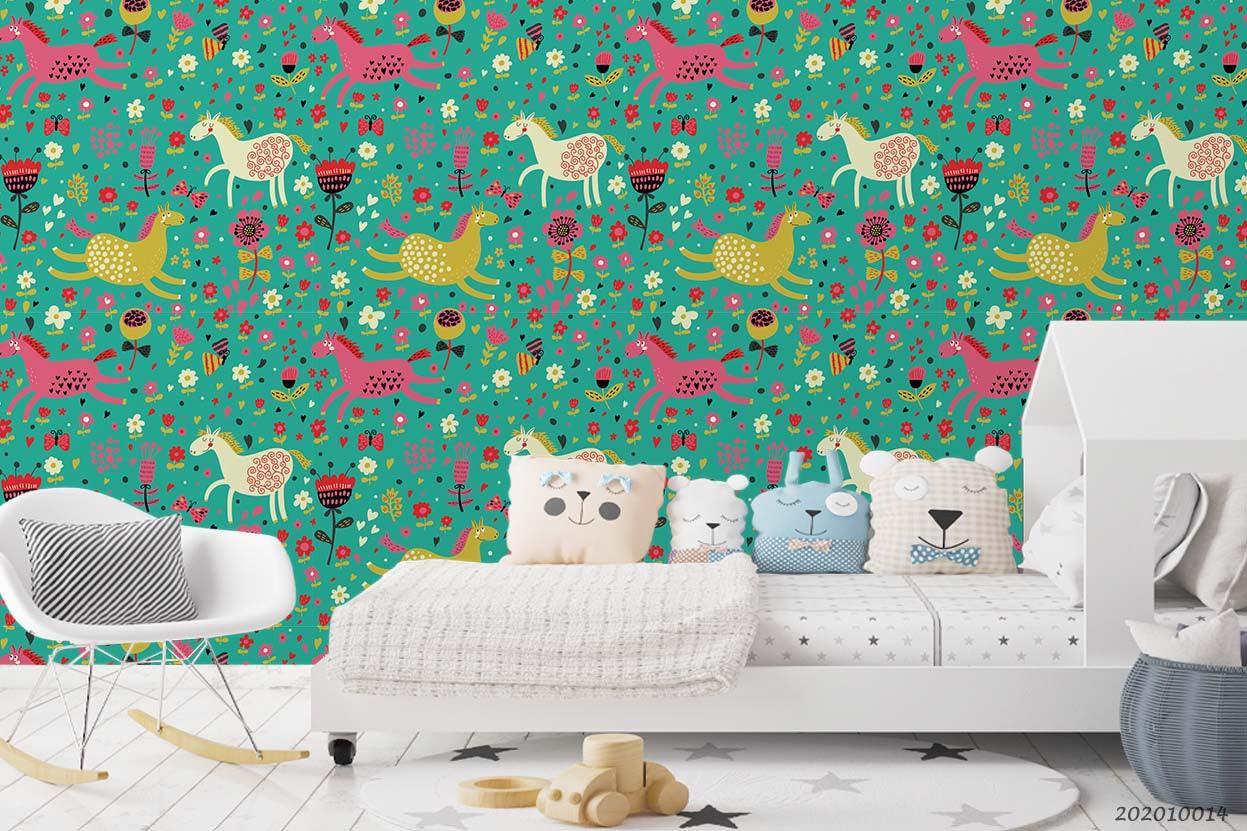 3D Cartoon Cute Animal Floral Horse Pattern Wall Mural Wallpaper WJ 5015- Jess Art Decoration