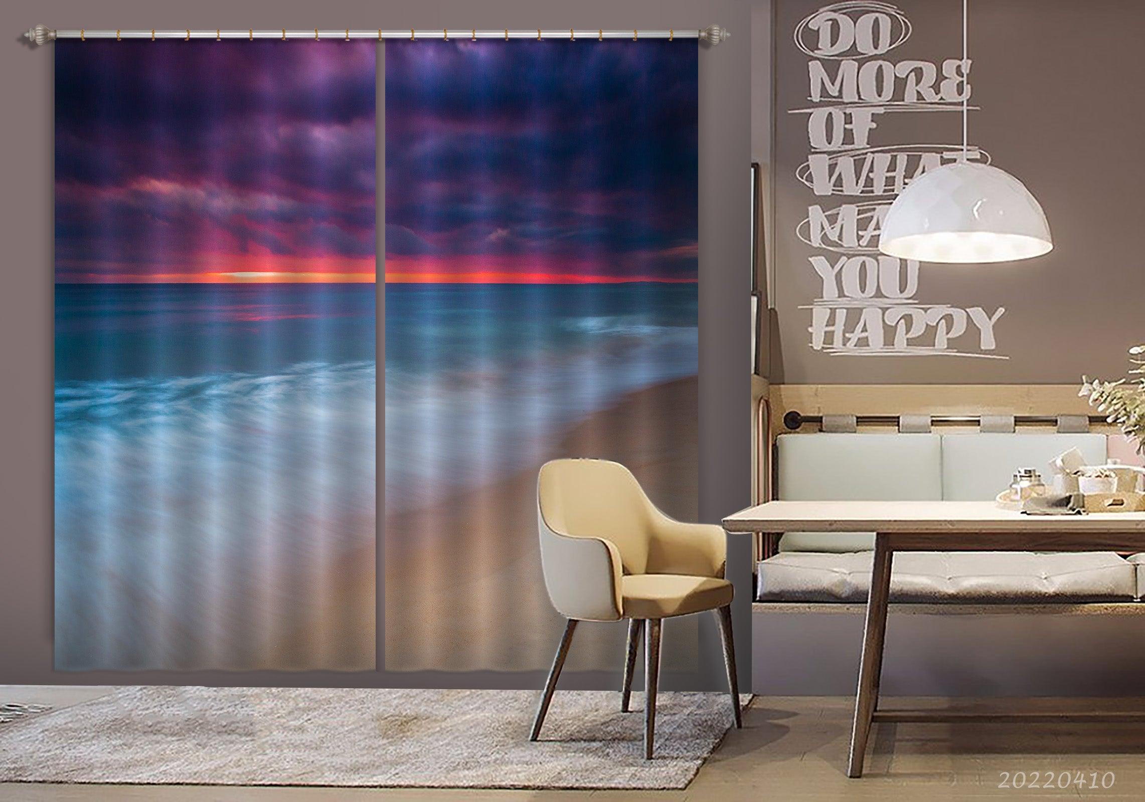 3D Ocean Beach Orange Skyline Cloudy Curtains and Drapes GD 3965- Jess Art Decoration