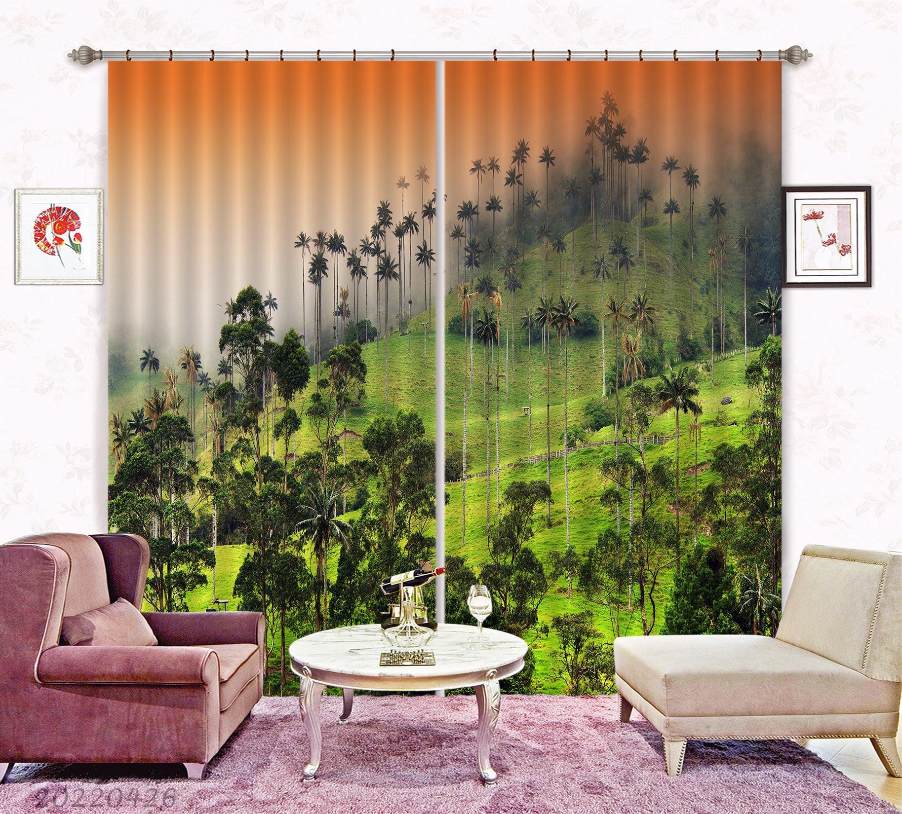 3D Landscape Mountain Green Tree Grass Orange Sky Curtains and Drapes GD 4750- Jess Art Decoration