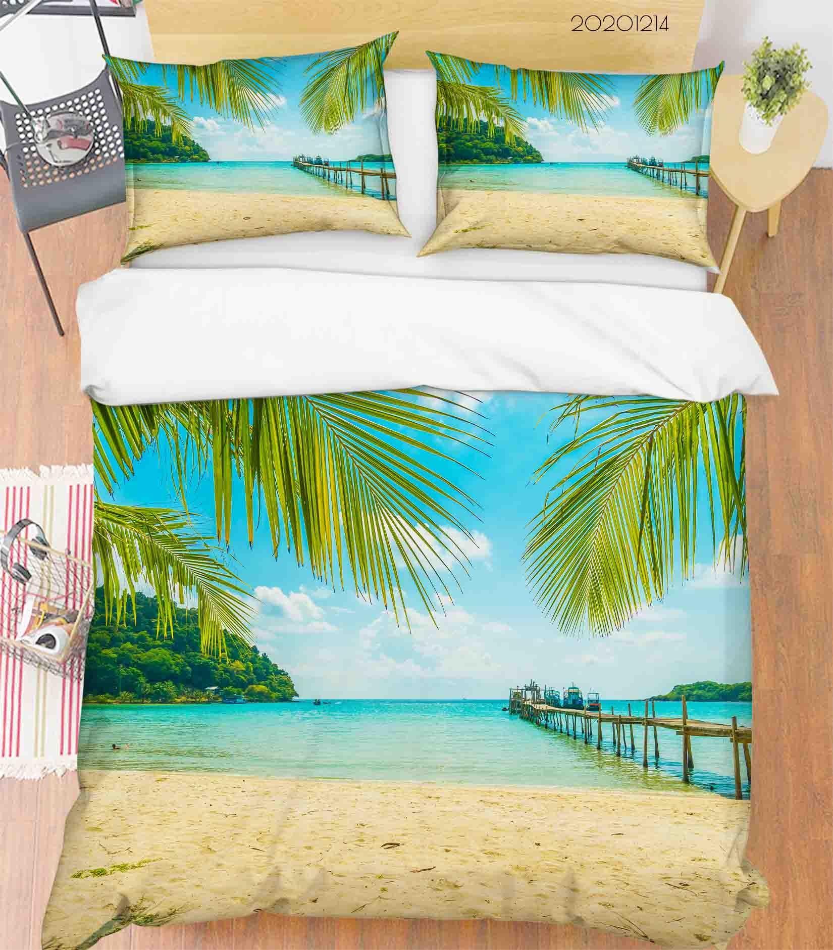 3D Blue Ocean Beach Palm Tree Plant Wooden Bridge Quilt Cover Set Bedding Set Duvet Cover Pillowcases LXL- Jess Art Decoration