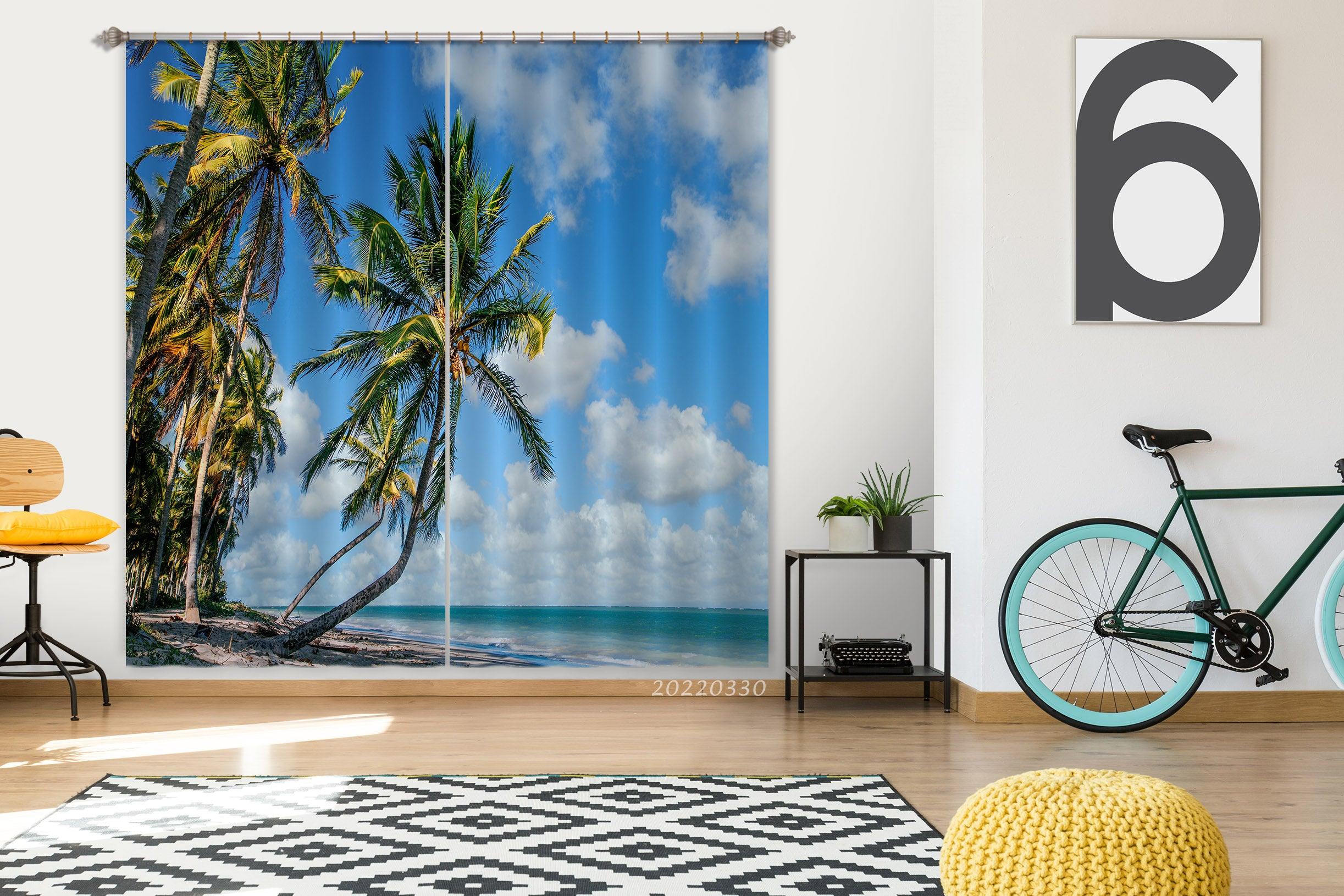 3D Tropical Coconut Tree Coastal Cloud Blue Sky Curtains and Drapes GD 3709- Jess Art Decoration