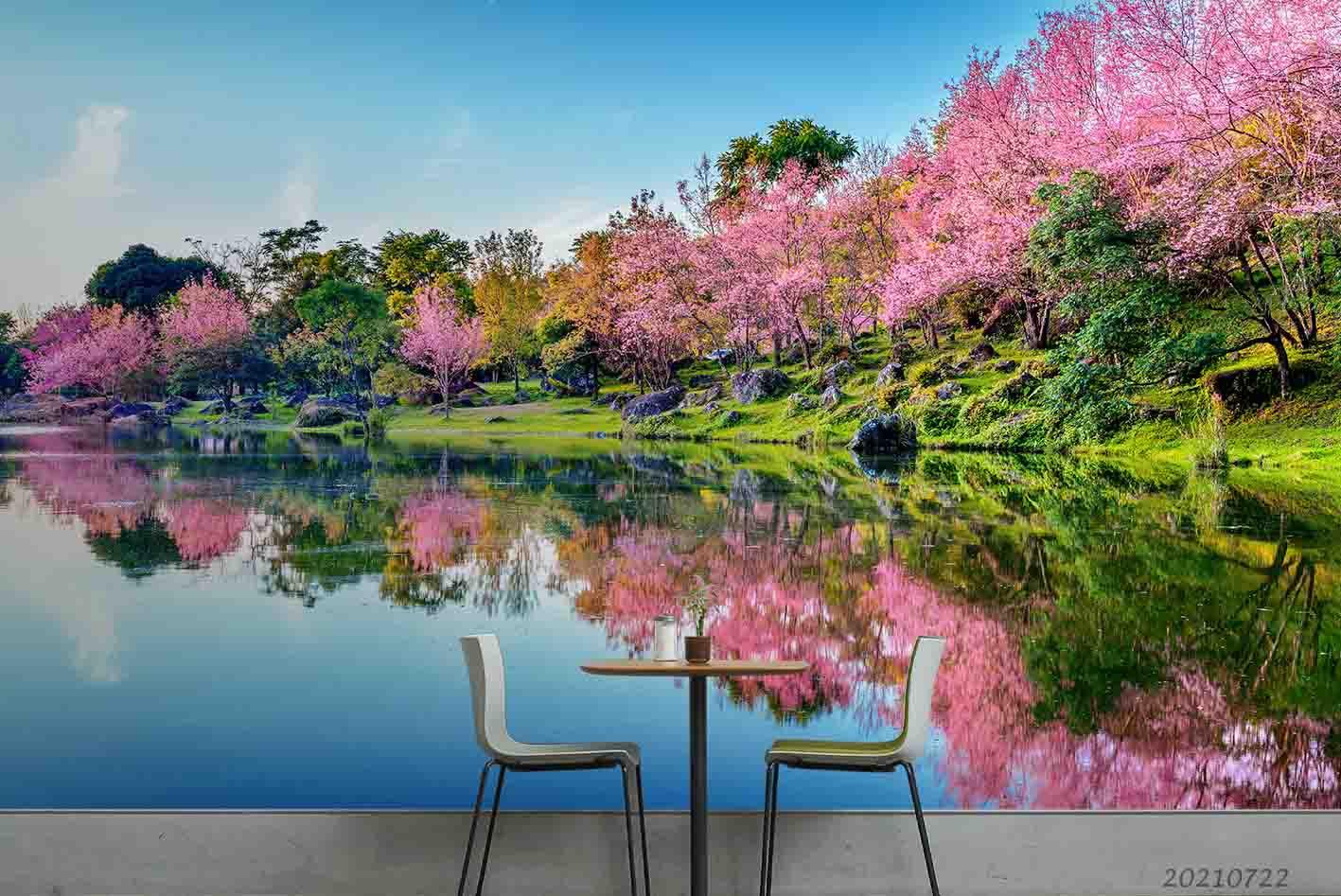3D Park Lake Cherry Blossom Wall Mural Wallpaper LQH 534- Jess Art Decoration
