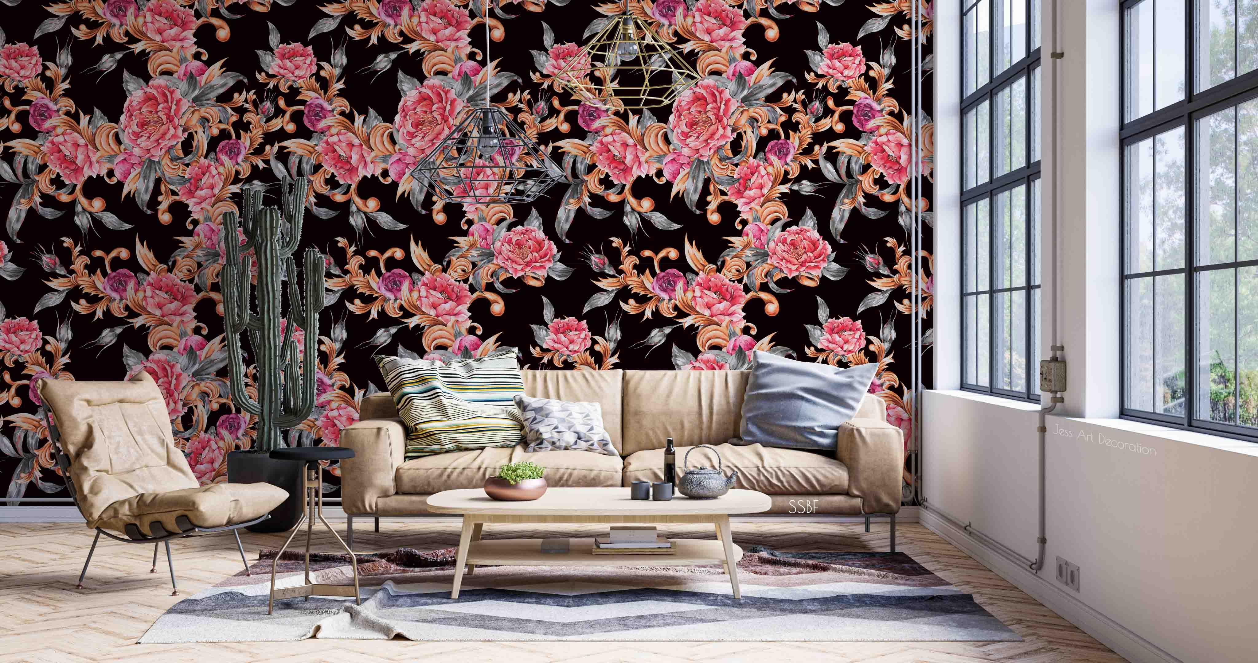 3D Vintage Baroque Art Blooming Pink Peony Black Background Wall Mural Wallpaper GD 3564- Jess Art Decoration