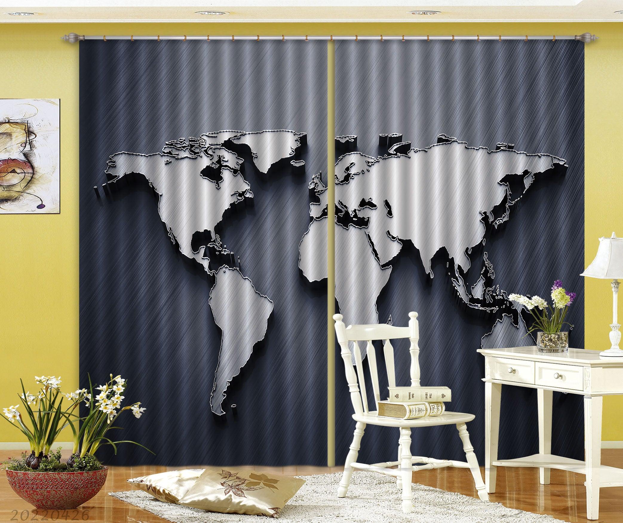 3D Abstract Map Relief Dark Blue Curtains and Drapes GD 4955- Jess Art Decoration