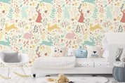 Cartoon Colorful Bunny Animal Plant Floral Pattern Wall Mural Wallpaper LXL- Jess Art Decoration