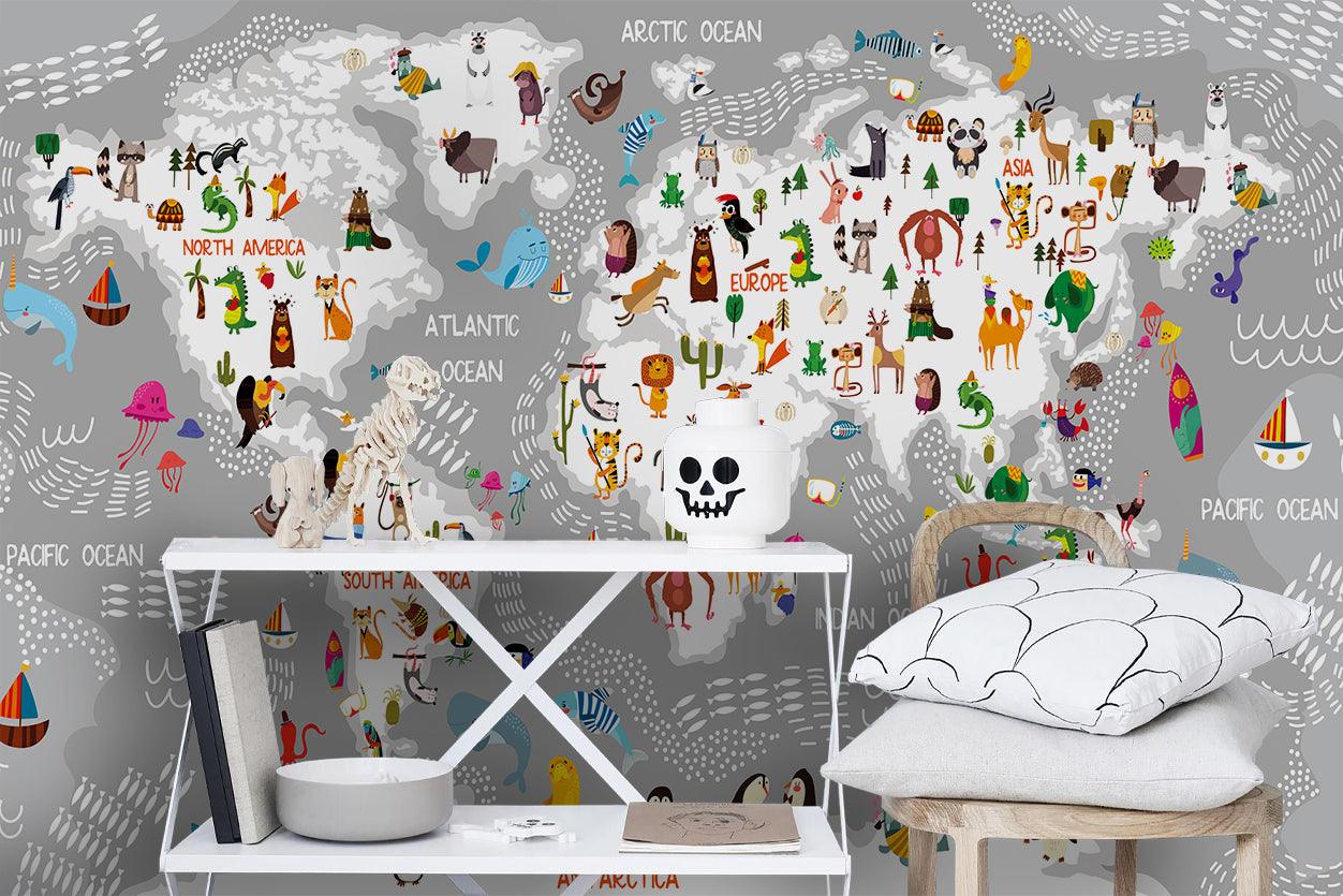 3D Grey Animal World Map Wall Mural Wallpaper LQH 40- Jess Art Decoration