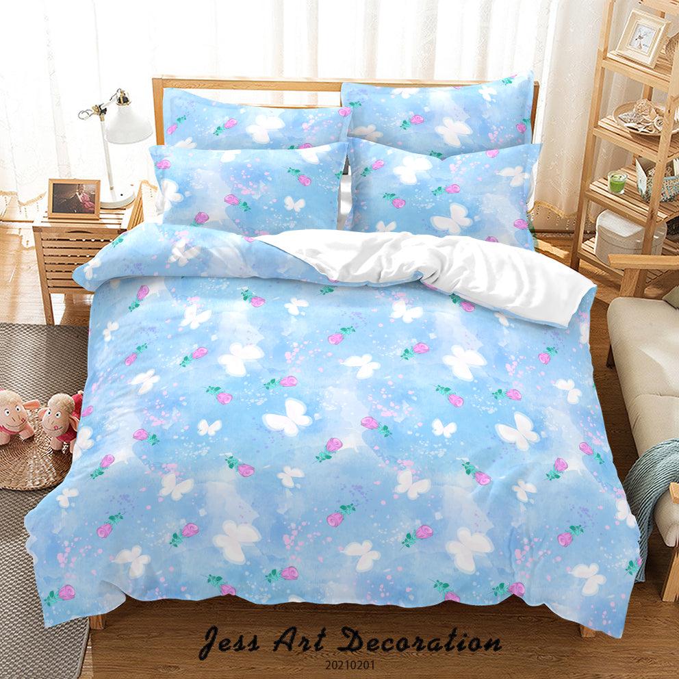 3D Watercolor Blue Butterfly Floral Quilt Cover Set Bedding Set Duvet Cover Pillowcases 101- Jess Art Decoration