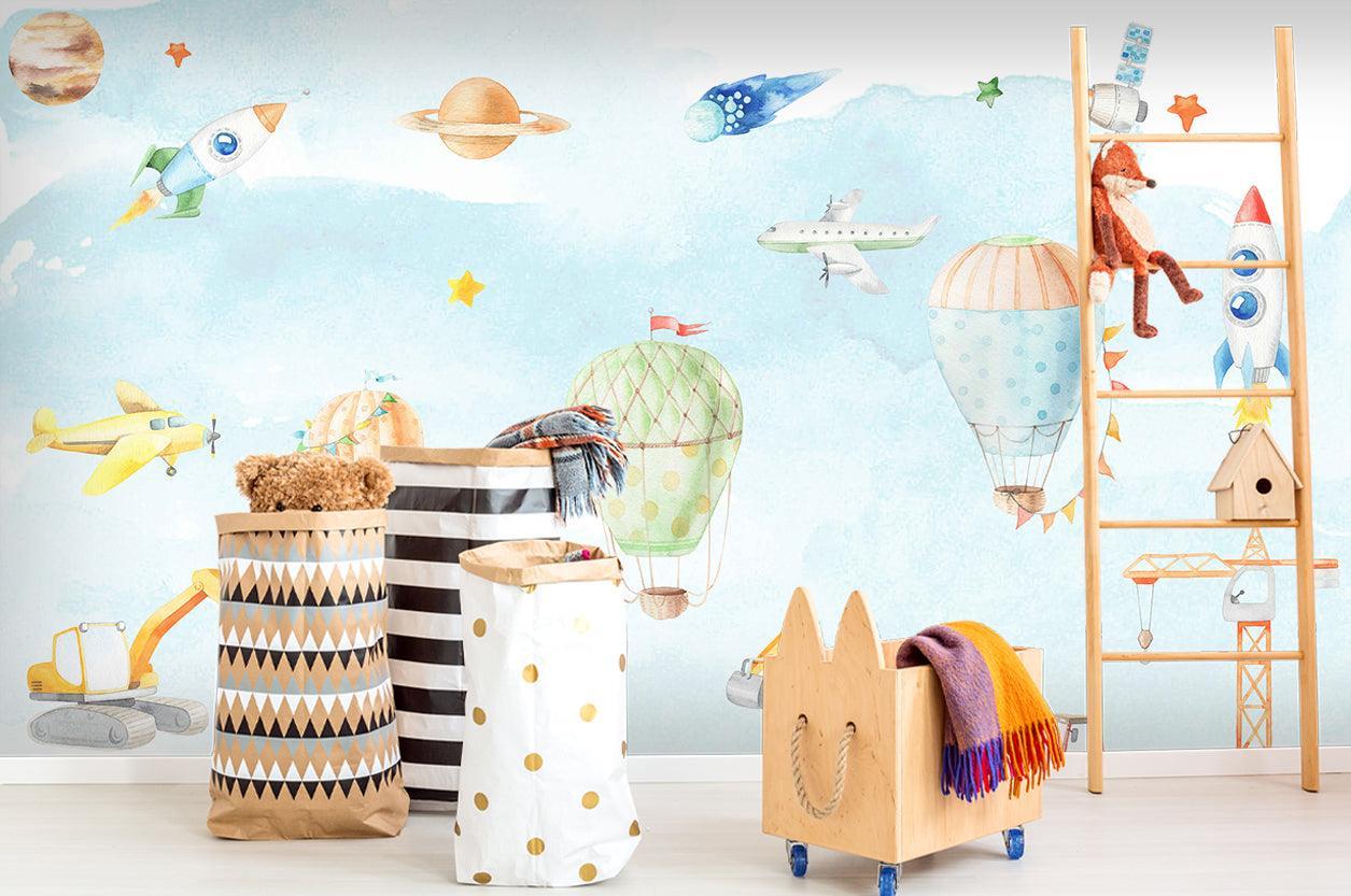 3D Cartoon Airplane Hot Air Balloon Wall Mural Wallpaper LQH 19- Jess Art Decoration