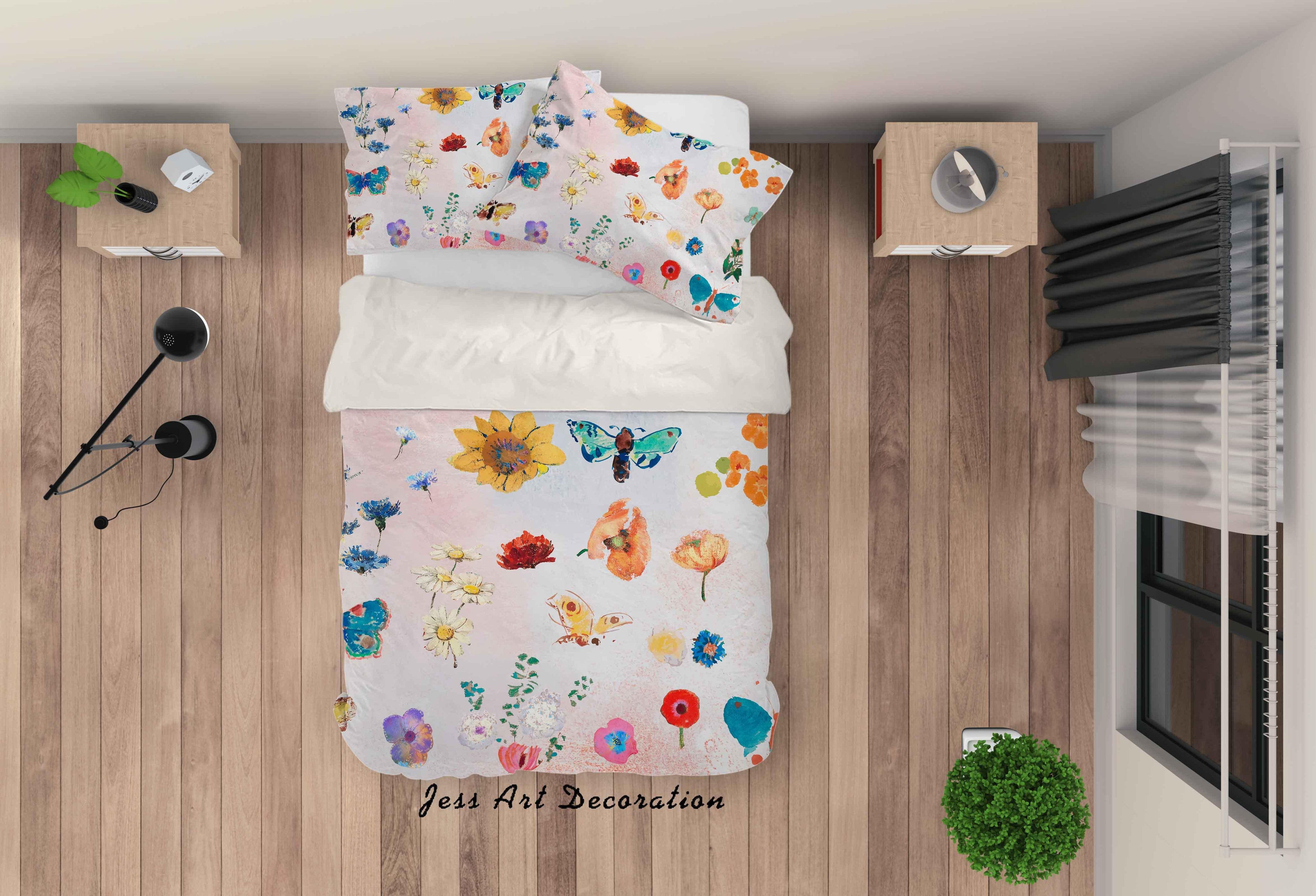 3D Watercolor Floral Butterfly Sunflower Quilt Cover Set Bedding Set Duvet Cover Pillowcases SF99- Jess Art Decoration