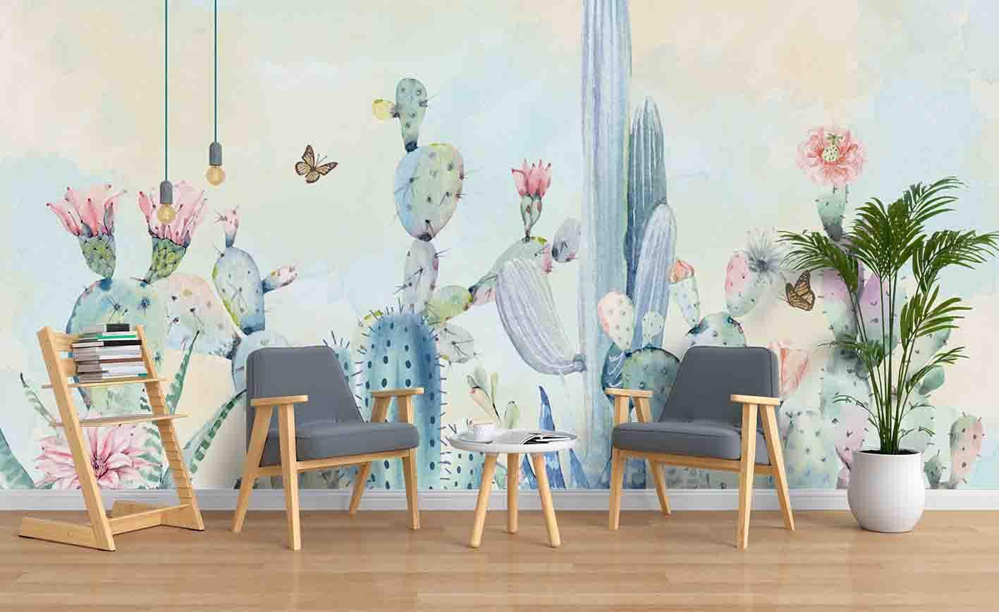 3D Watercolor Cactus Butterfly Wall Mural Wallpaper 76- Jess Art Decoration