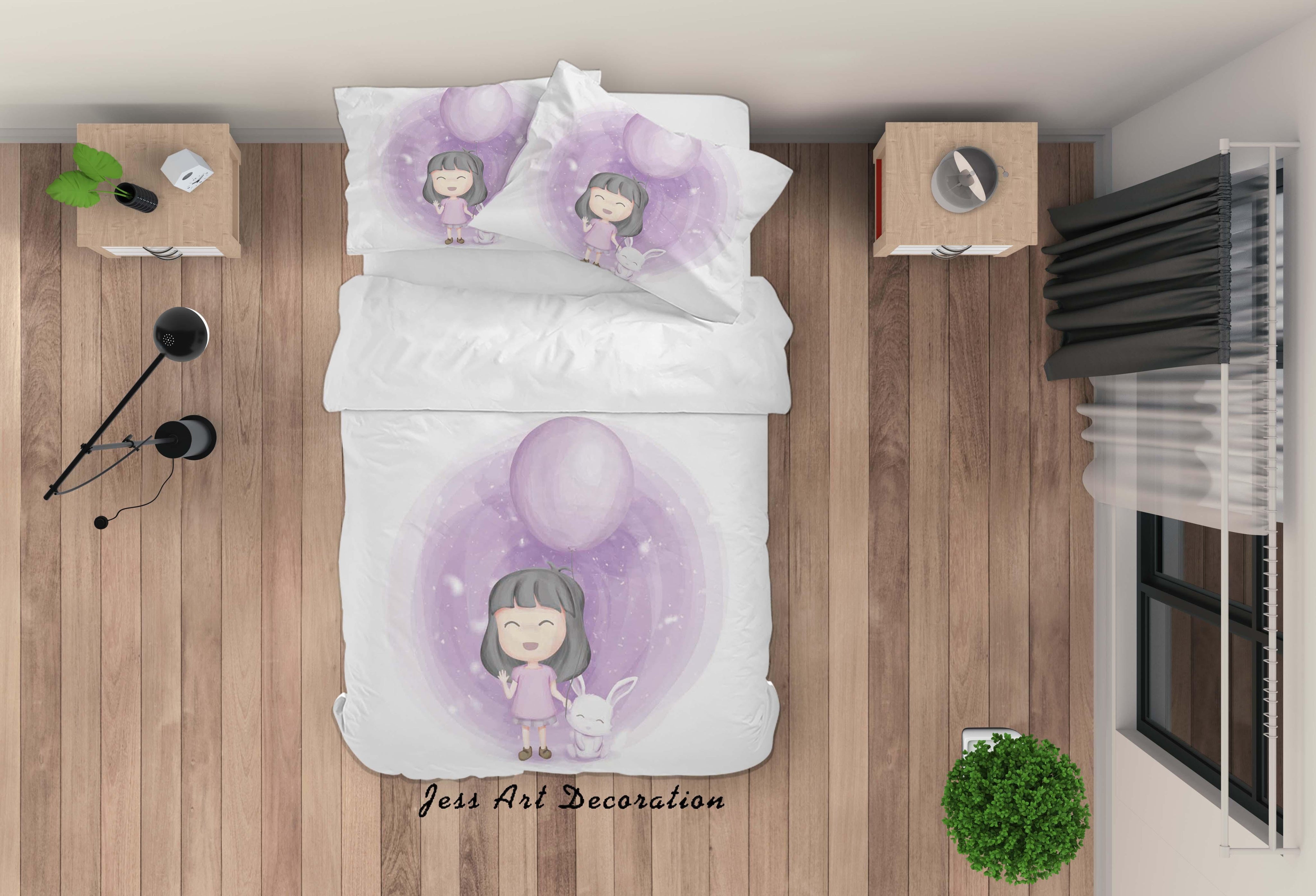 3D White Purple Girl Rabbit Balloon Quilt Cover Set Bedding Set Duvet Cover Pillowcases SF85- Jess Art Decoration