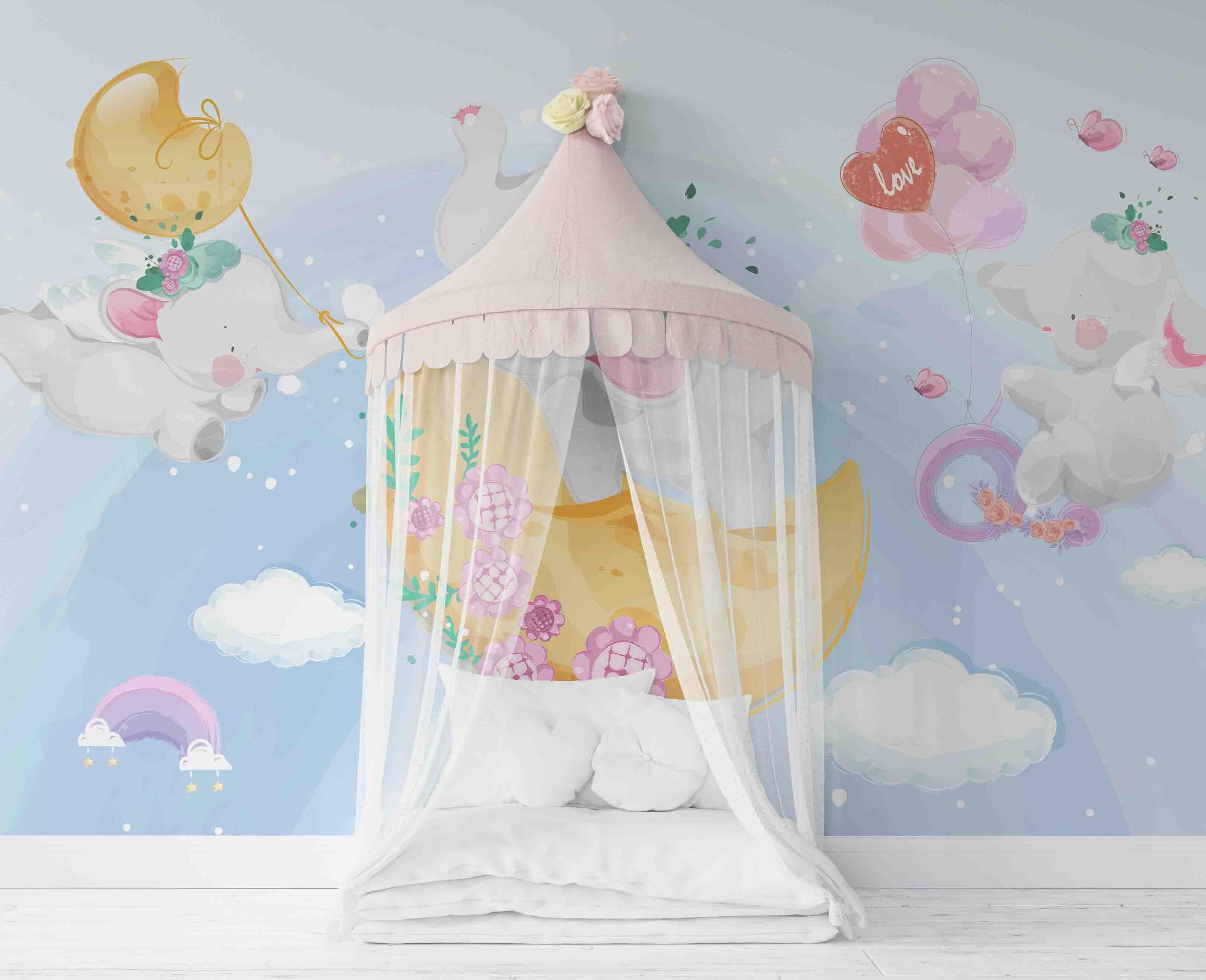 3D Cute Cartoon Elephant Moon Wall Mural Wallpaper A021 LQH- Jess Art Decoration