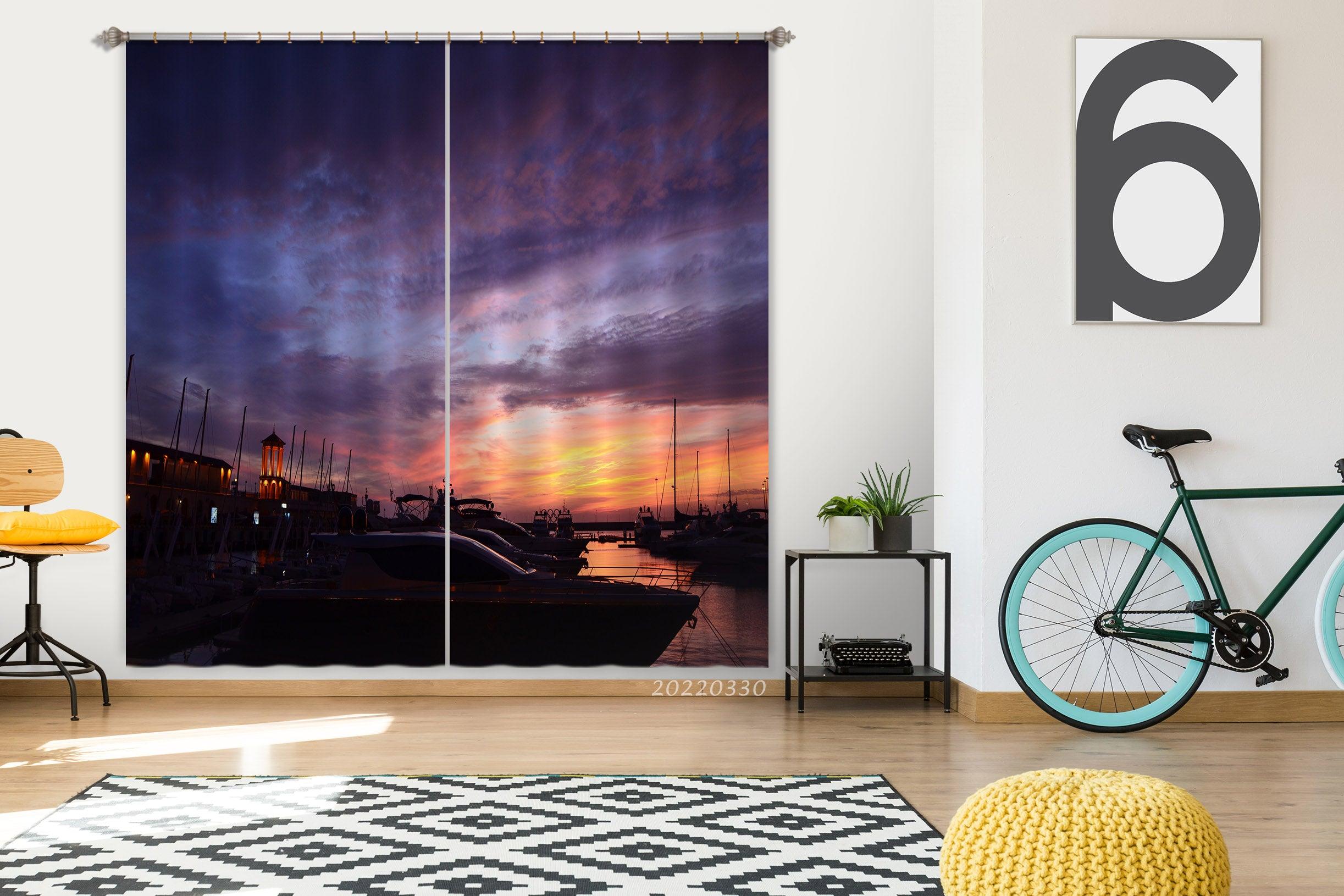 3D Beautiful Sunset Harbor Cloudy Curtains and Drapes GD 3721- Jess Art Decoration